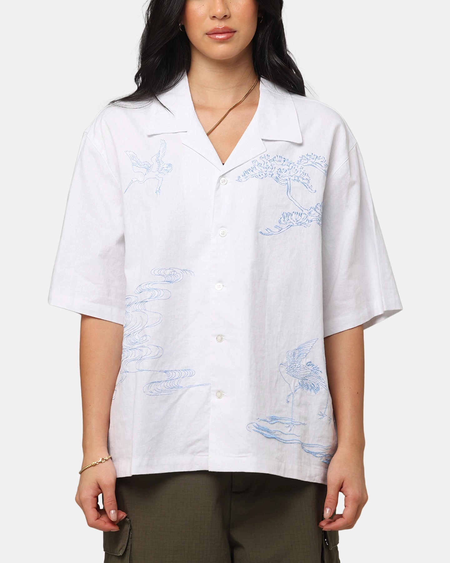 High Density Knit Carre Crane Button Up Shirt White/Light Blue