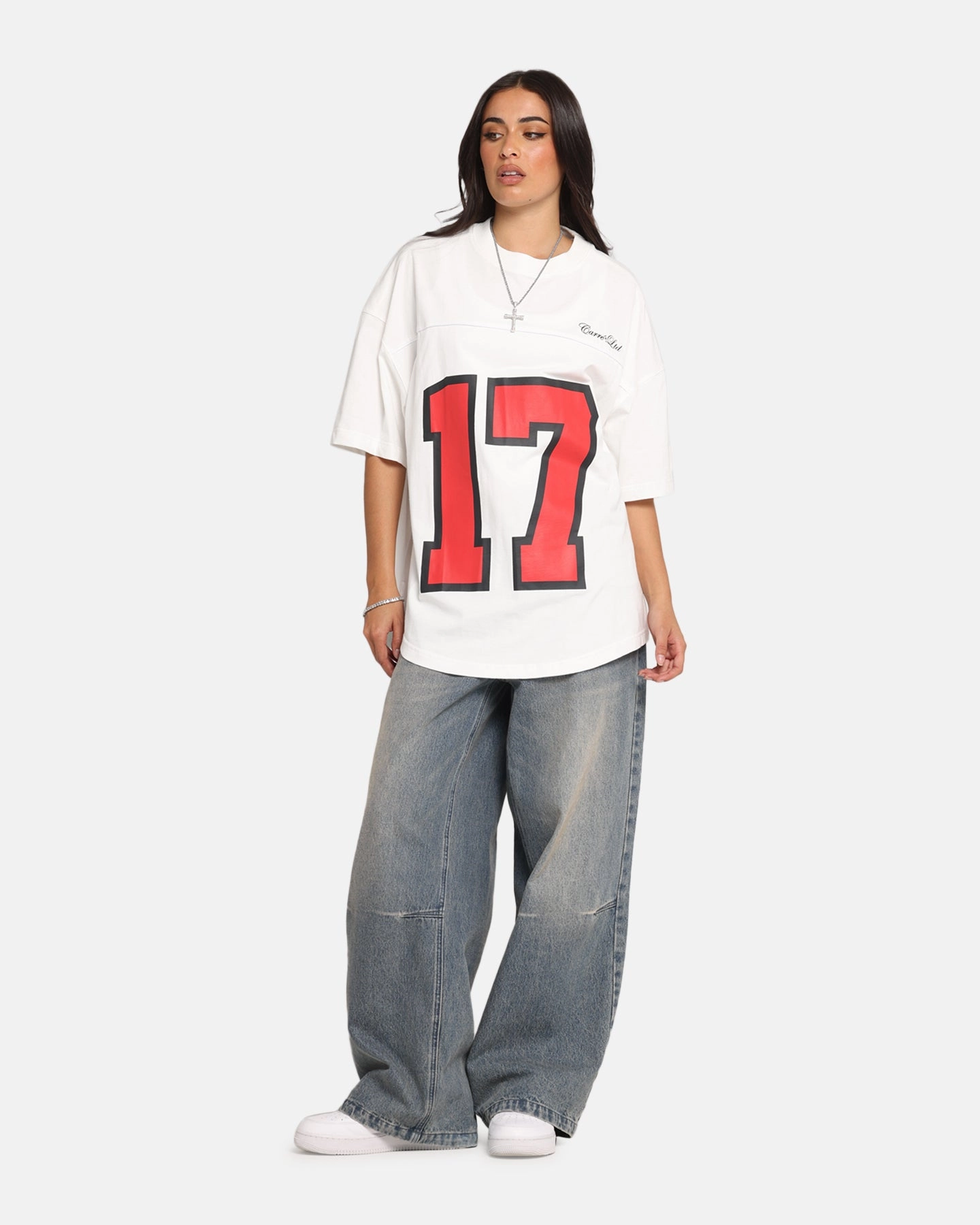 Carre Hitta Grid Iron T-Shirt Off White/Red Tailored Silhouette NonChafe Tag Placement