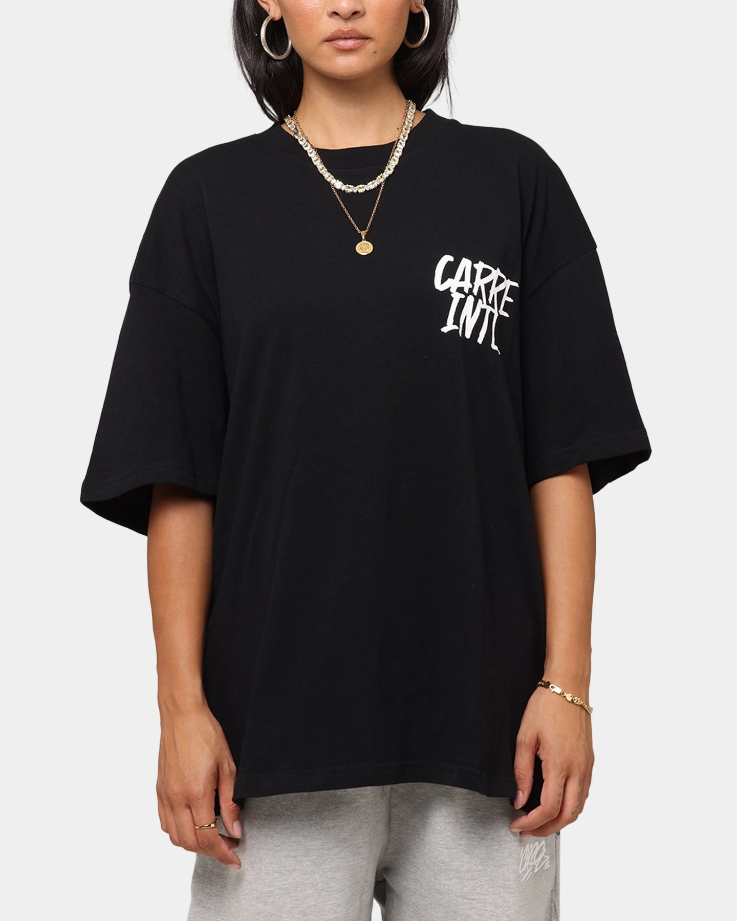 FlexibleRibbedTrims PolishedFinish Carre Intl Drop Shoulder T-Shirt Black