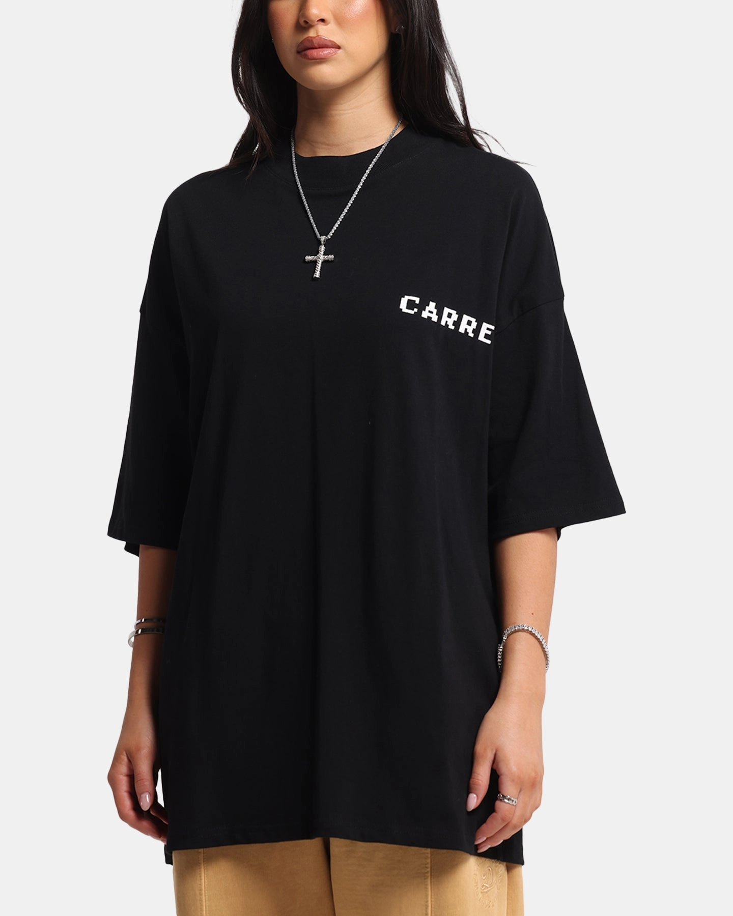 Ribbed Hemline Carre Level Up Mock Neck T-Shirt Black