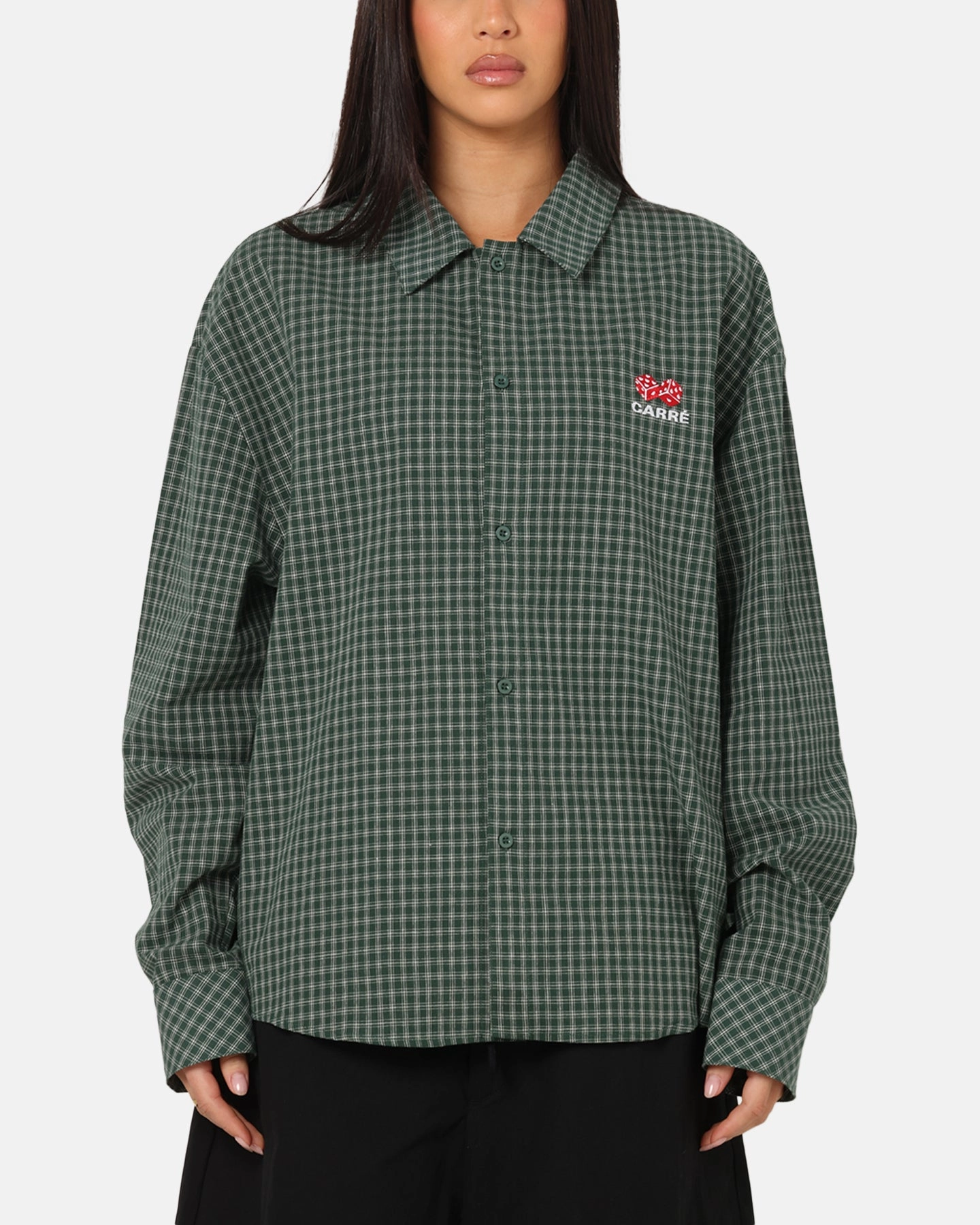 Light material Carre Motion Long Sleeve Button Up Shirt Green Check
