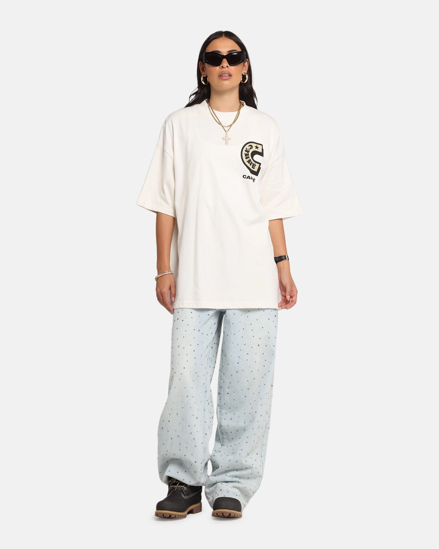 Contrast Stitching Carre Sacred Letter Mock Neck T-Shirt Off White