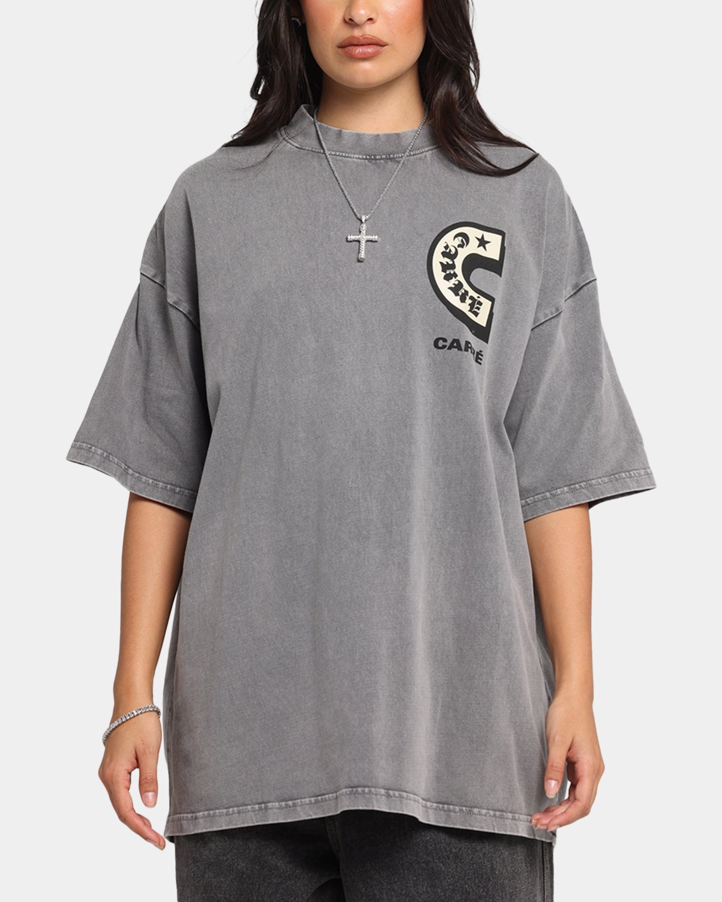 AntiSnagYarnProcessing NonRestrictive Armholes Carre Sacred Letter Mock Neck T-Shirt Washed Charcoal