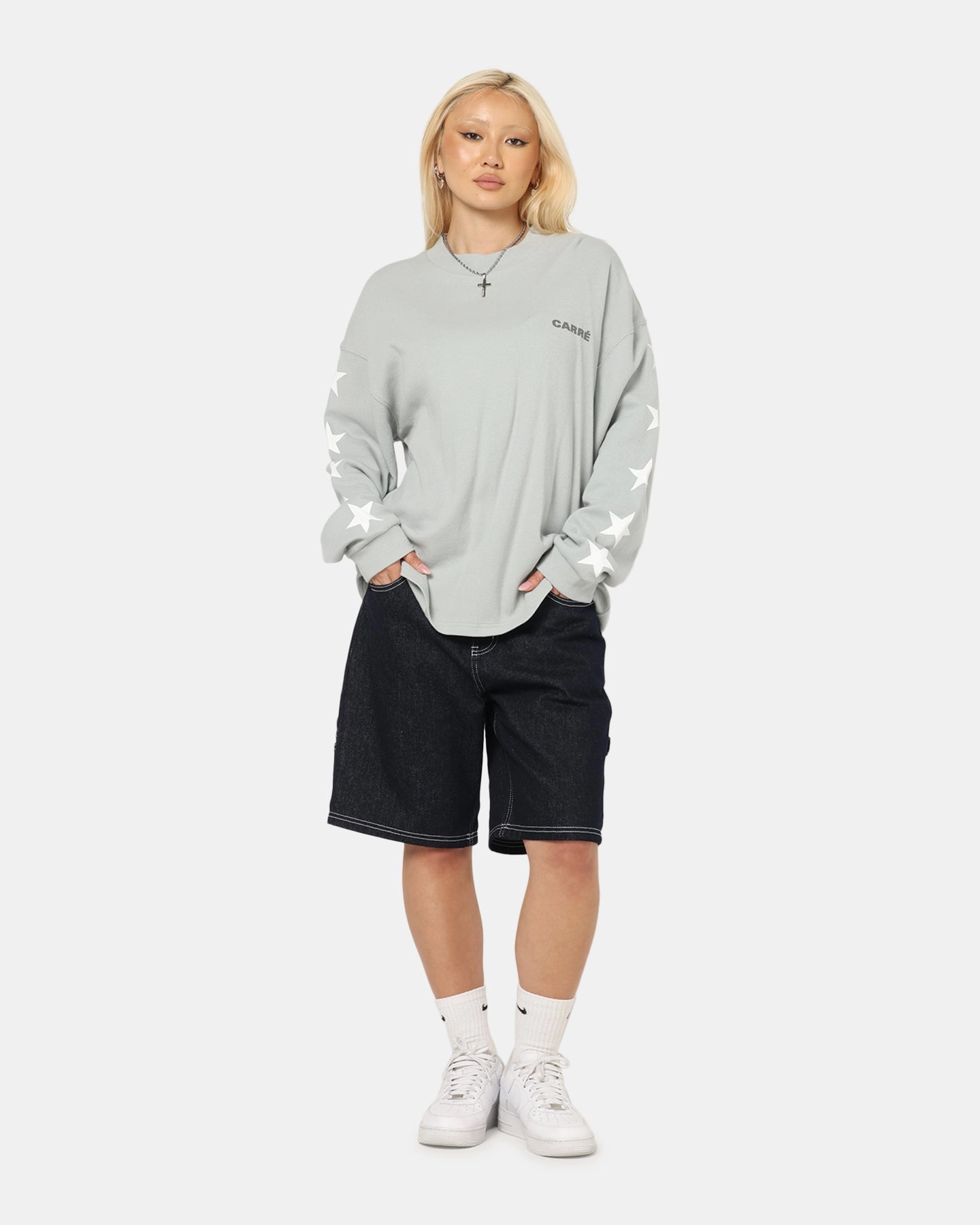ElasticTrimming Carre Waffle Workwear Long Sleeve T-Shirt Grey