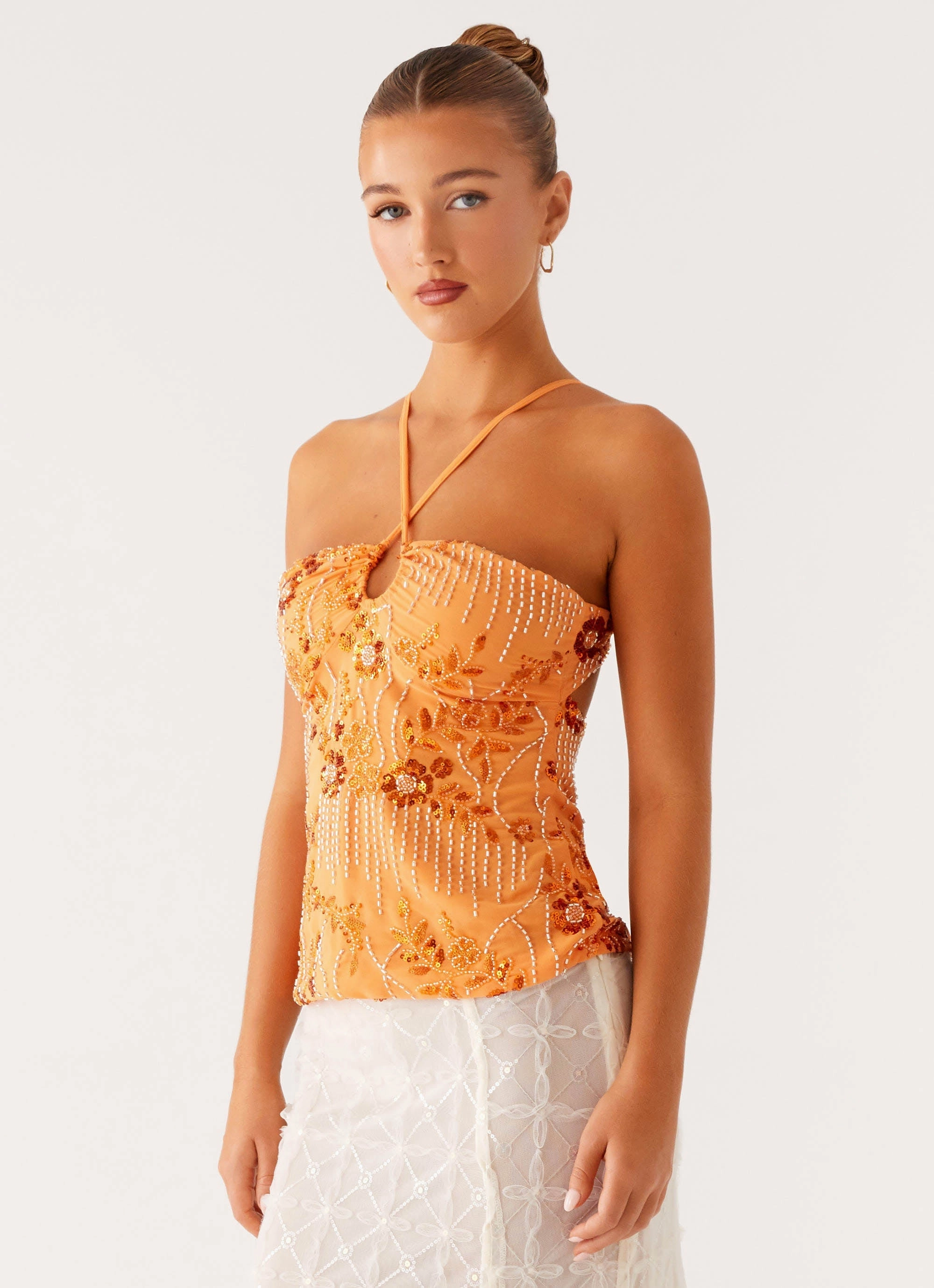 Catalina Sequin Top - Orange Wrinkle Resistant Finish Low Profile Stitching