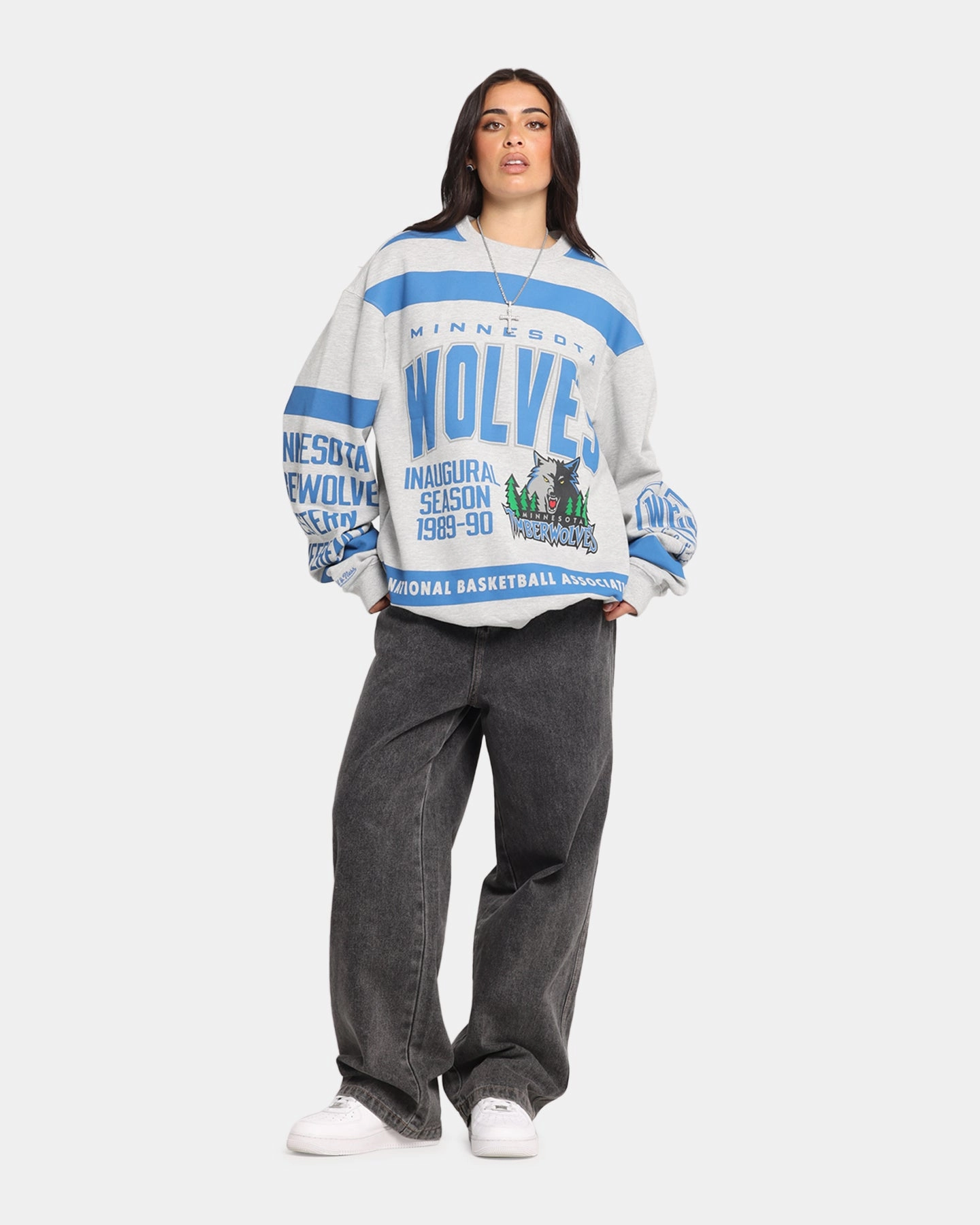 Mitchell & Ness Minnesota Timberwolves Letterform Crewneck Grey Marle/Official Team Color Anti Pilling Reinforced Stitching