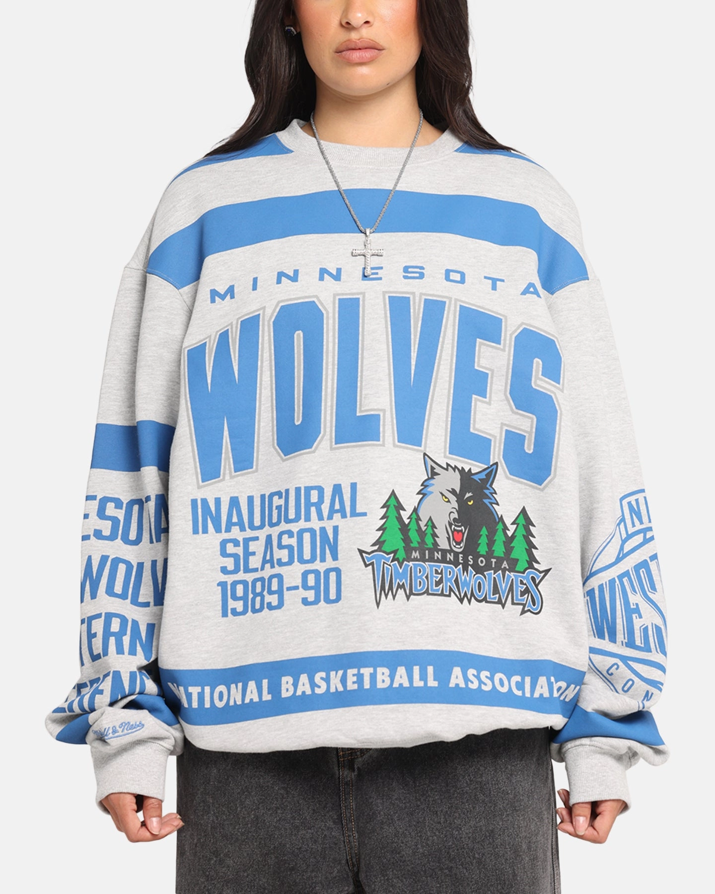 Built In Filter Layer HiddenZipper Mitchell & Ness Minnesota Timberwolves Letterform Crewneck Grey Marle/Official Team Color