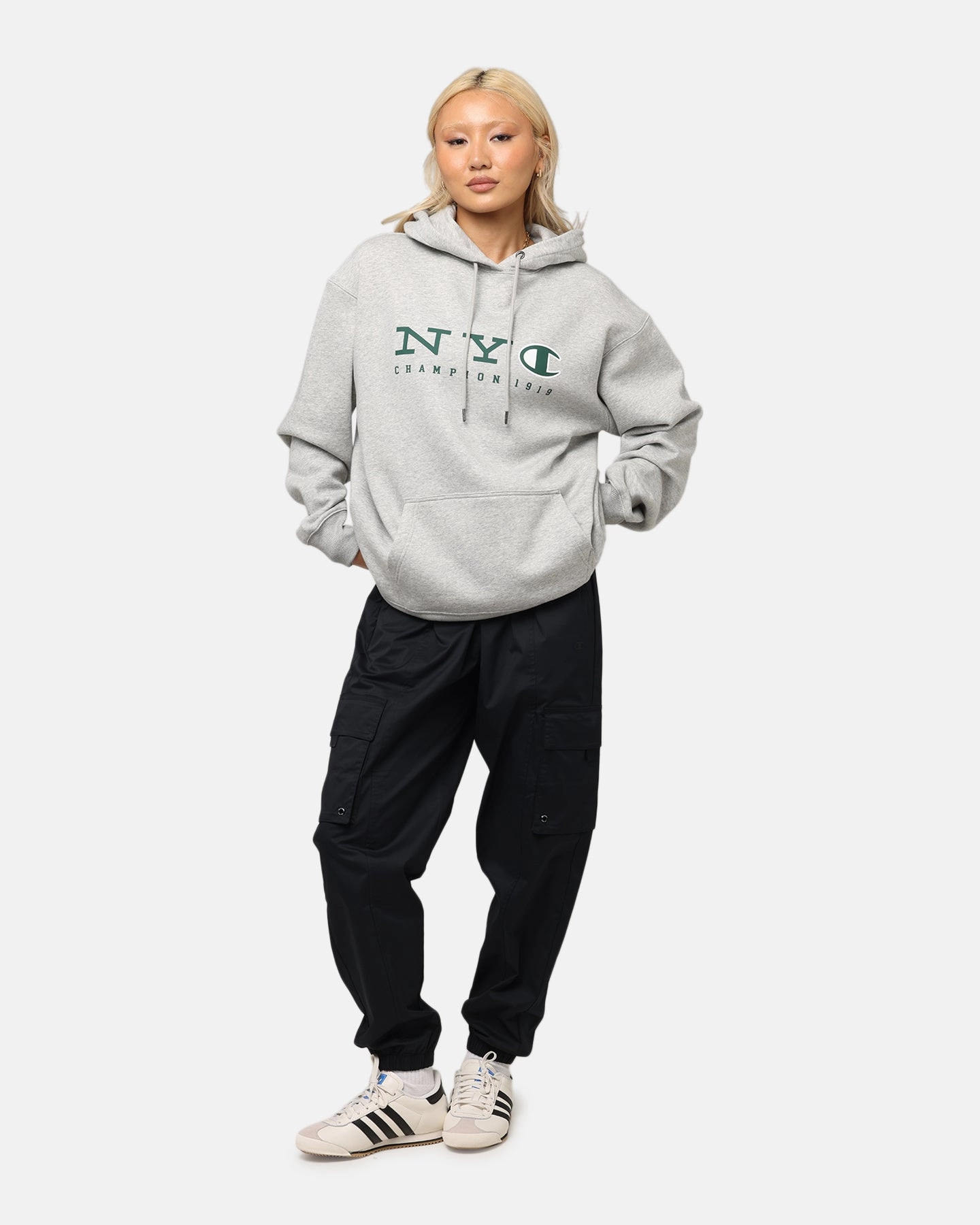 Champion Rochester Graphic Hoodie Grey UV Protective Coating Tencel Blend Fabric