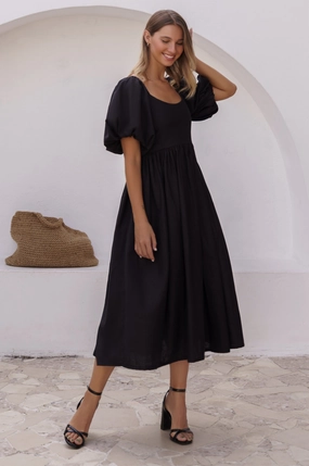 Texture Edge Cherie Puff Sleeve Midi Dress