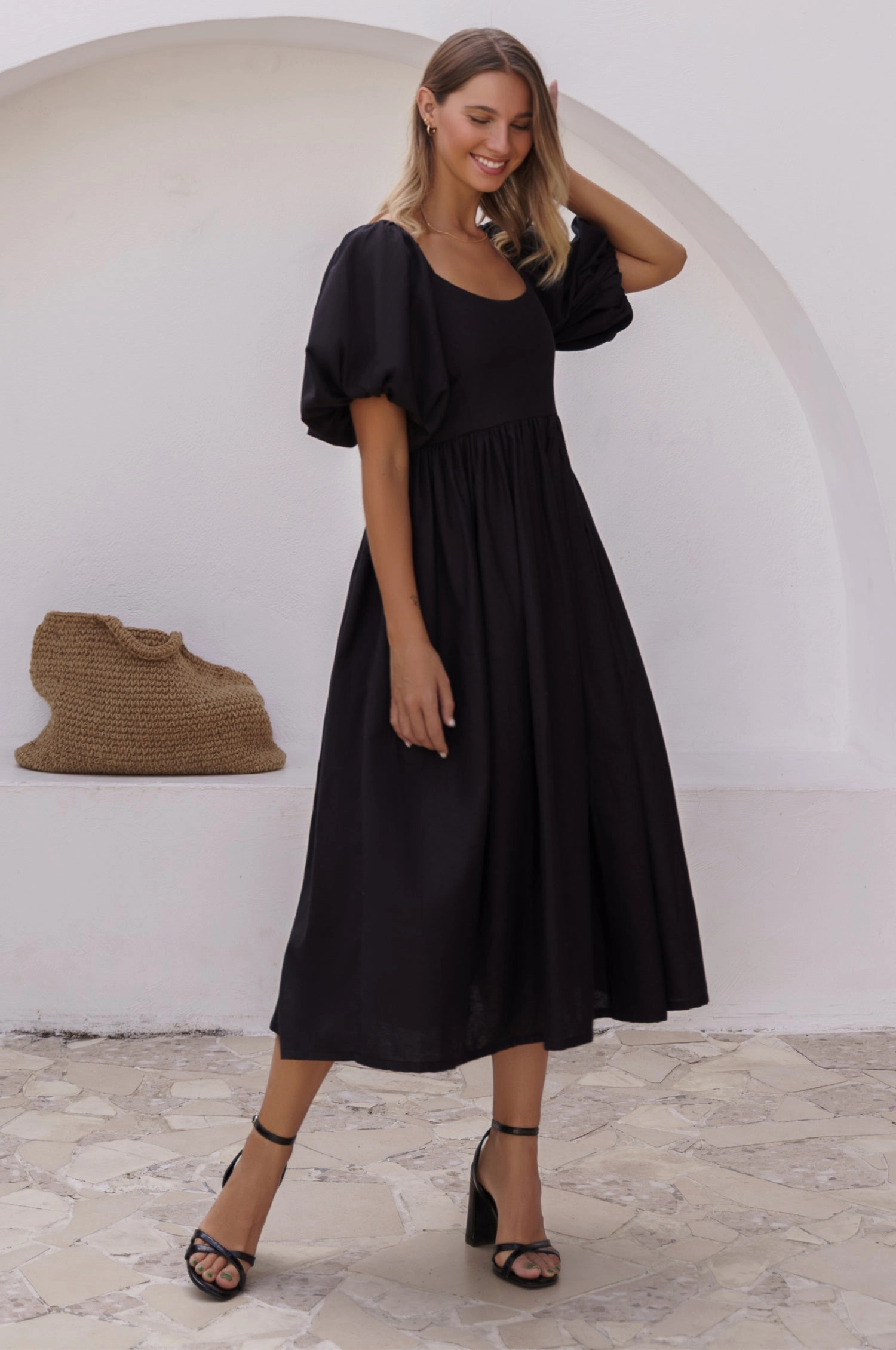 London Edge Breathable Layering Cherie Puff Sleeve Midi Dress