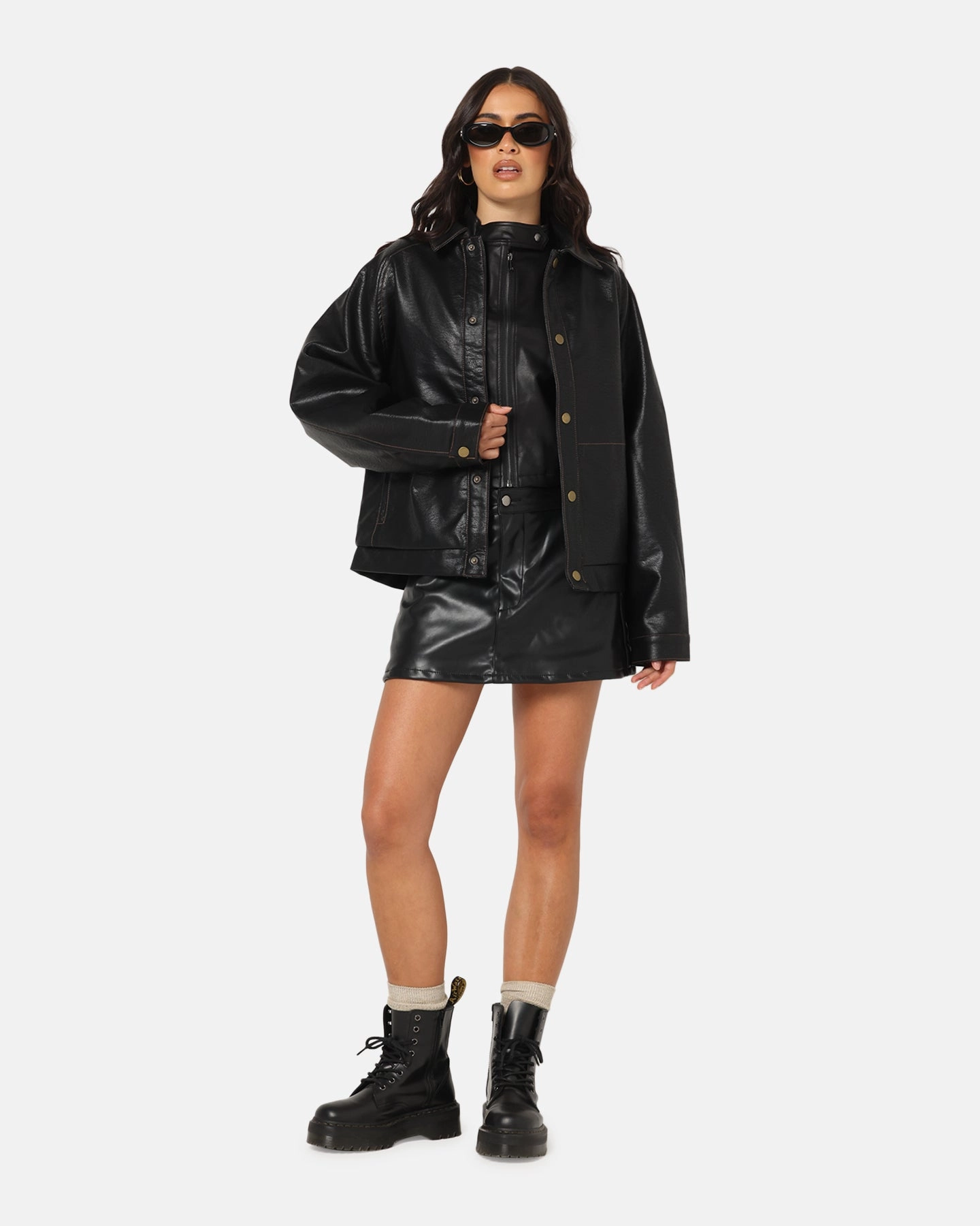 Ed Hardy Women's Vegan Leather Bomber Jacket Black Flatlock Seam Technique Brushed Microfiber Surface