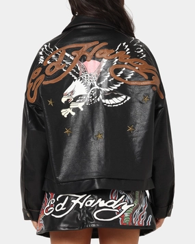 Interlock Knit AntiPilling Technology Ed Hardy Women's Vegan Leather Bomber Jacket Black