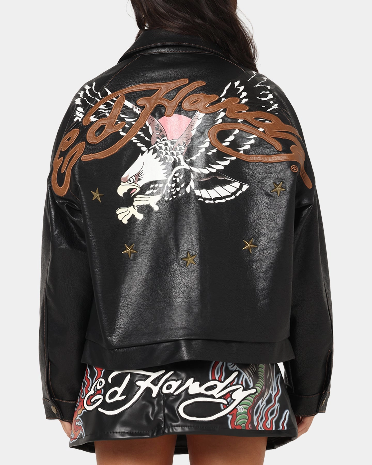 Interlock Knit AntiPilling Technology Ed Hardy Women's Vegan Leather Bomber Jacket Black