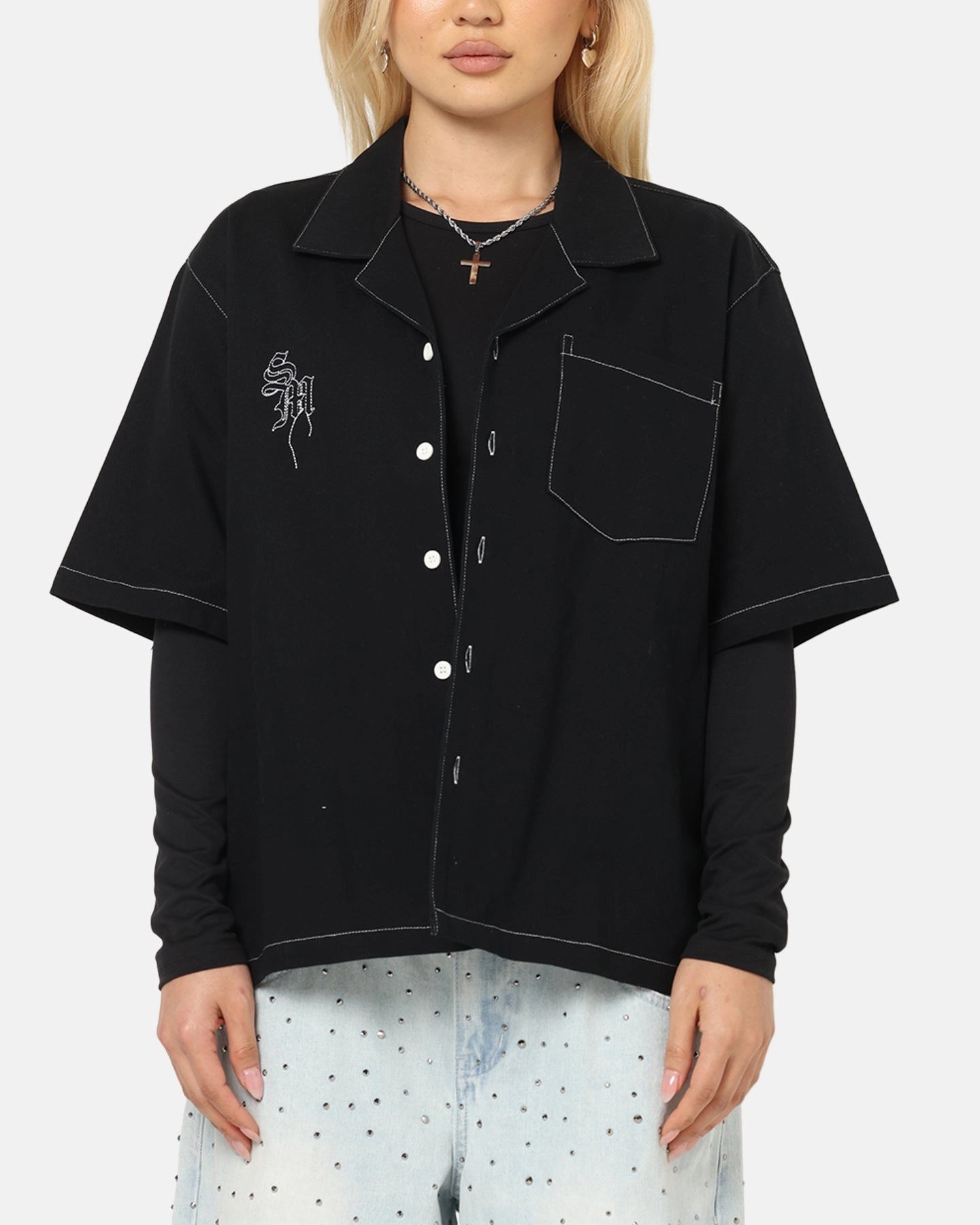 Quick Dry Blend ThermalInsulation Saint Morta Fray Contrast Button Up Shirt Contrast Black