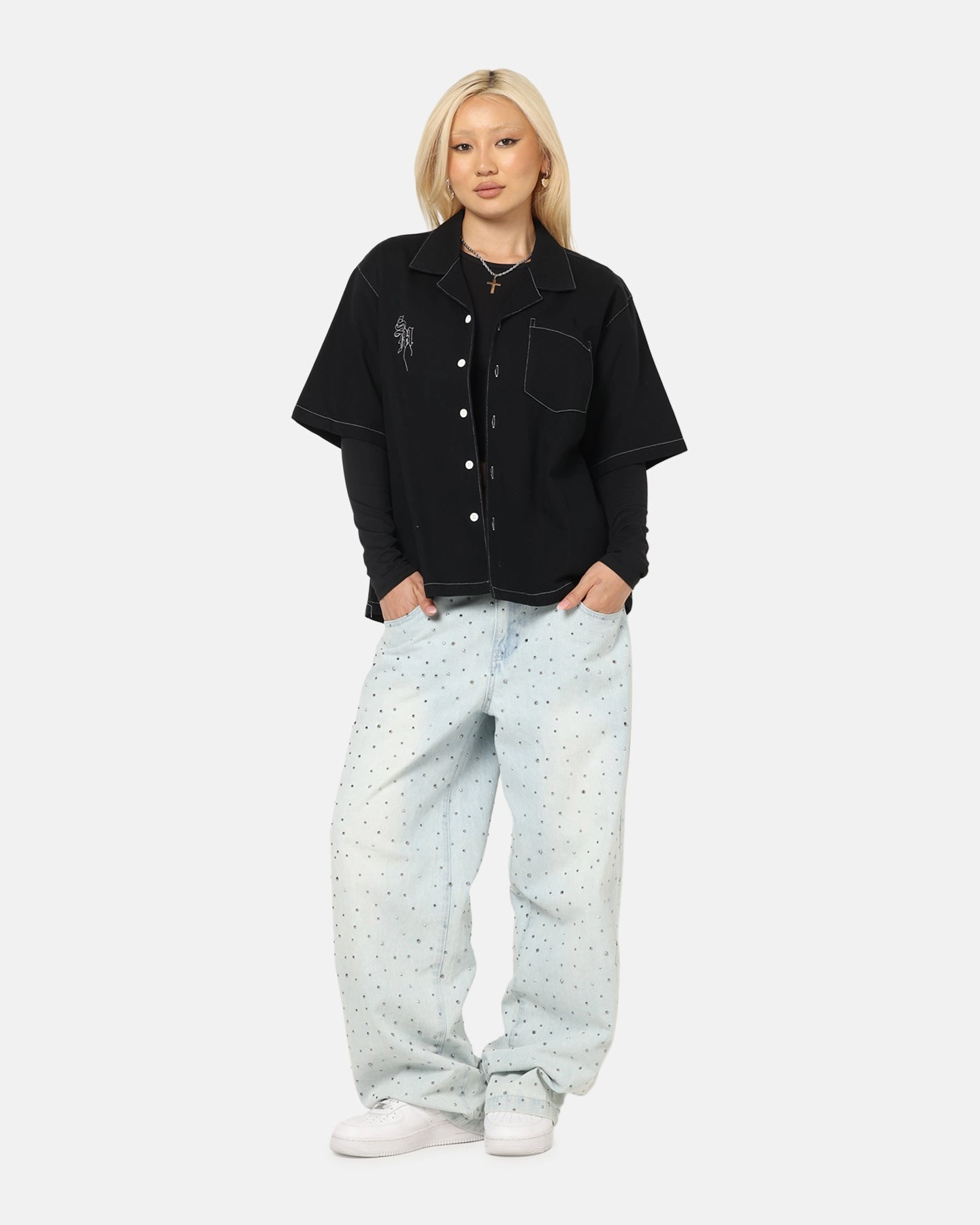 Saint Morta Fray Contrast Button Up Shirt Contrast Black LightReflectiveTrim Airflow Mesh Panel