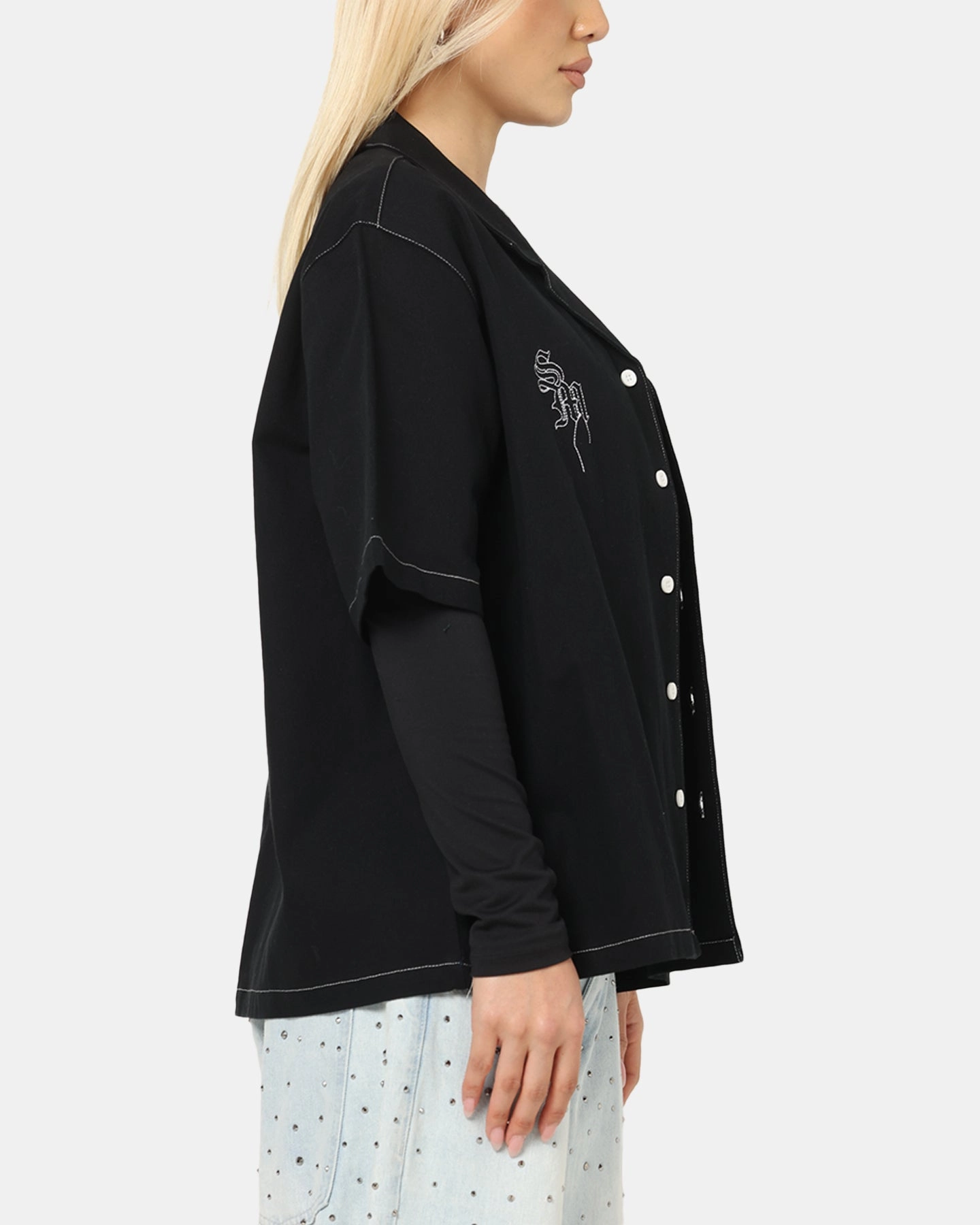 ReflectiveAccents Interlock Stitching Saint Morta Fray Contrast Button Up Shirt Contrast Black