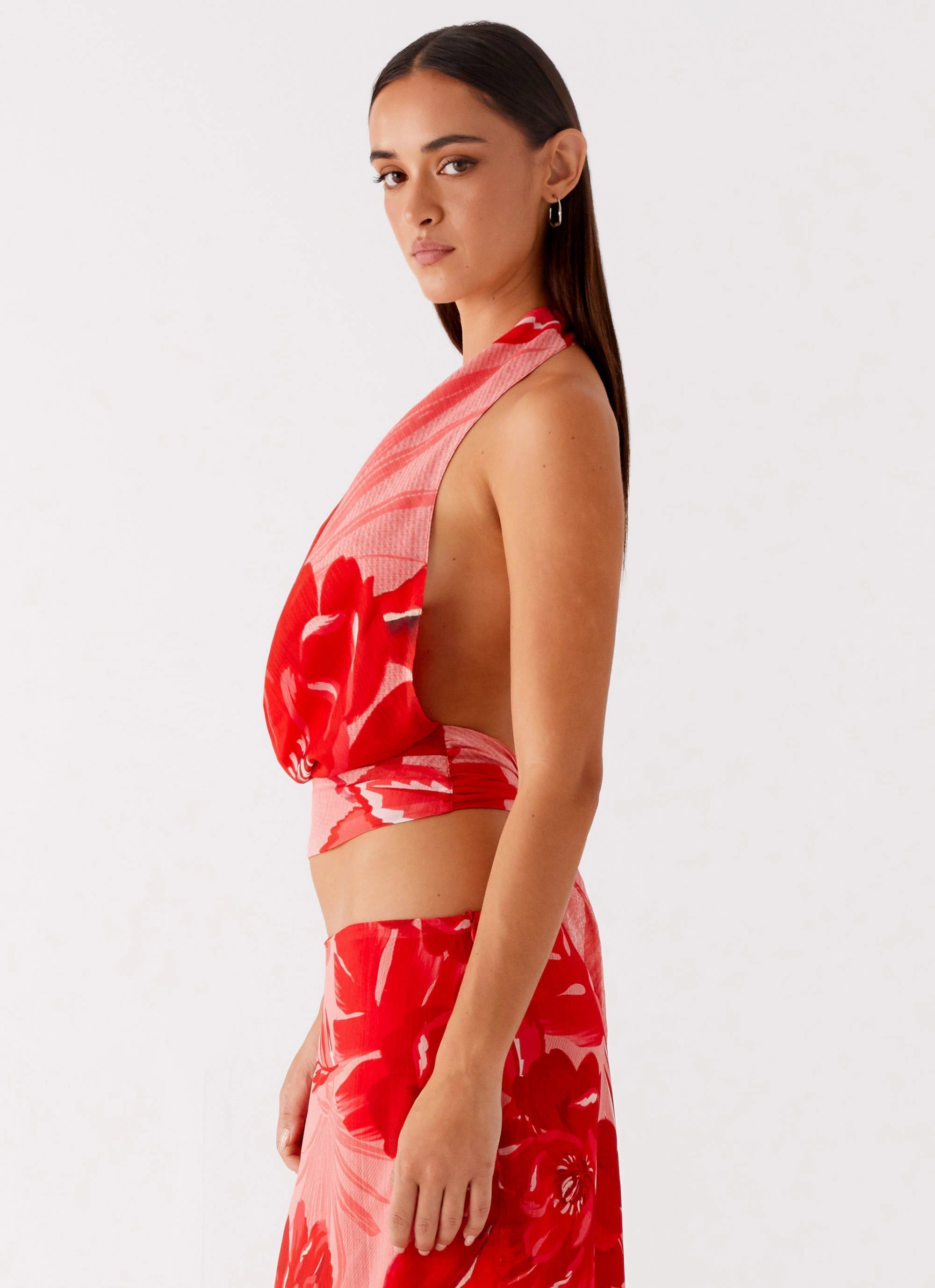 Soren Halter Top - Sicily Sunsets Print Flexible Cuffs Laser Cut Edges