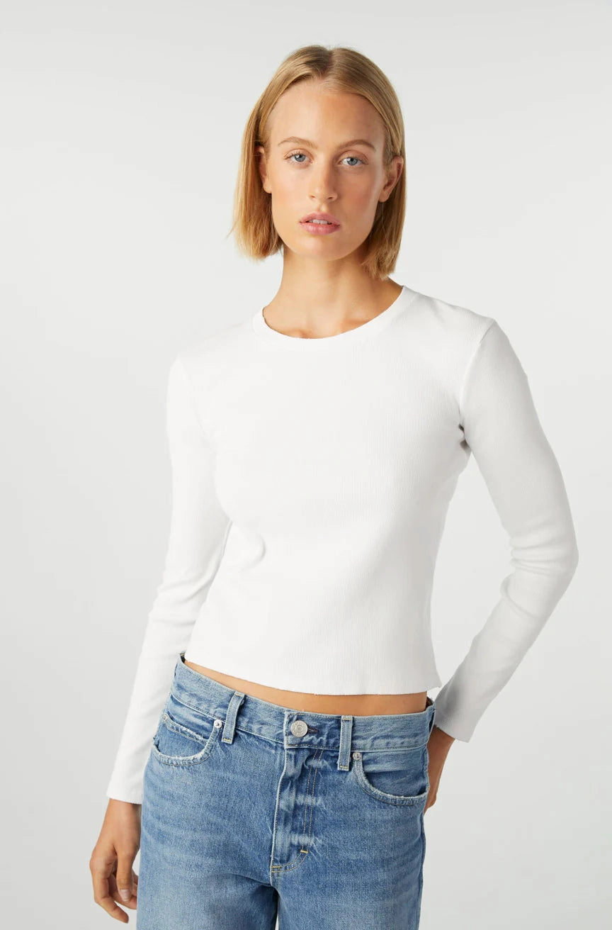 Slim Rib Tee in White Ribbed Knit Fabric AdjustableClosure