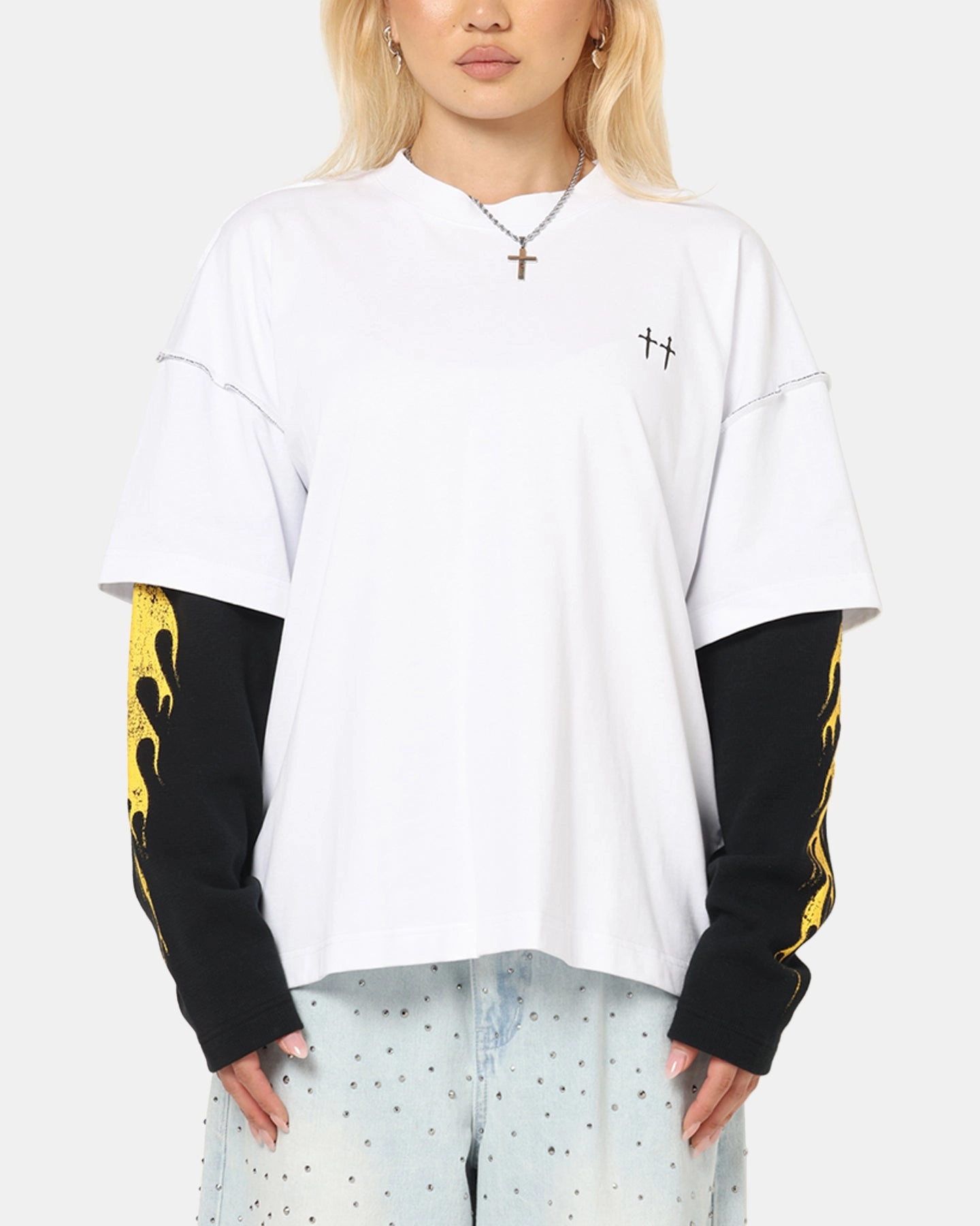 EcoFriendlyBlend WrinkleResistant Fabric Saint Morta La Flame Long Sleeve T-Shirt White/Black