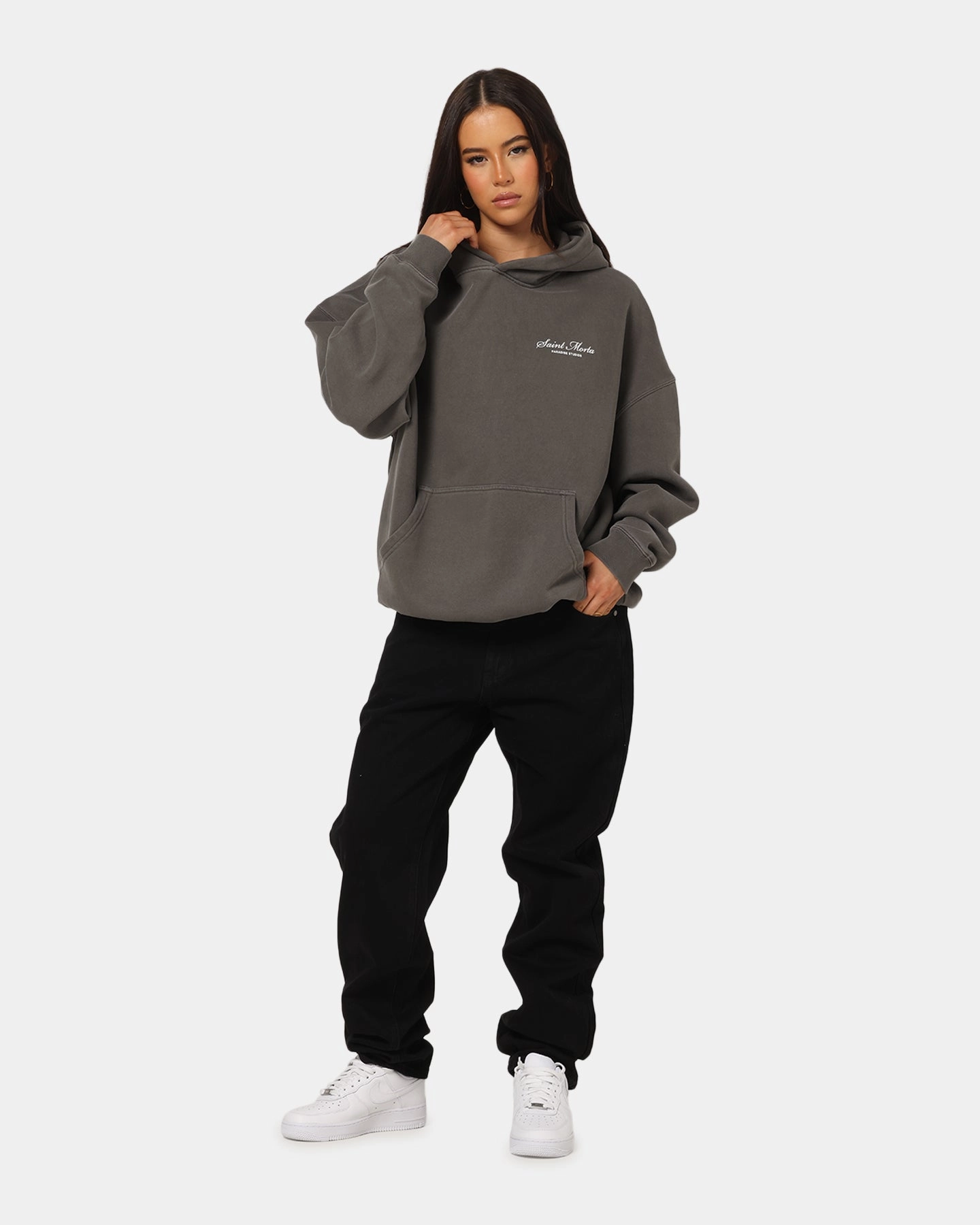 Saint Morta Studios Logo Boxy Hoodie Washed Black SeamlessConstruction Tubular Body Construction