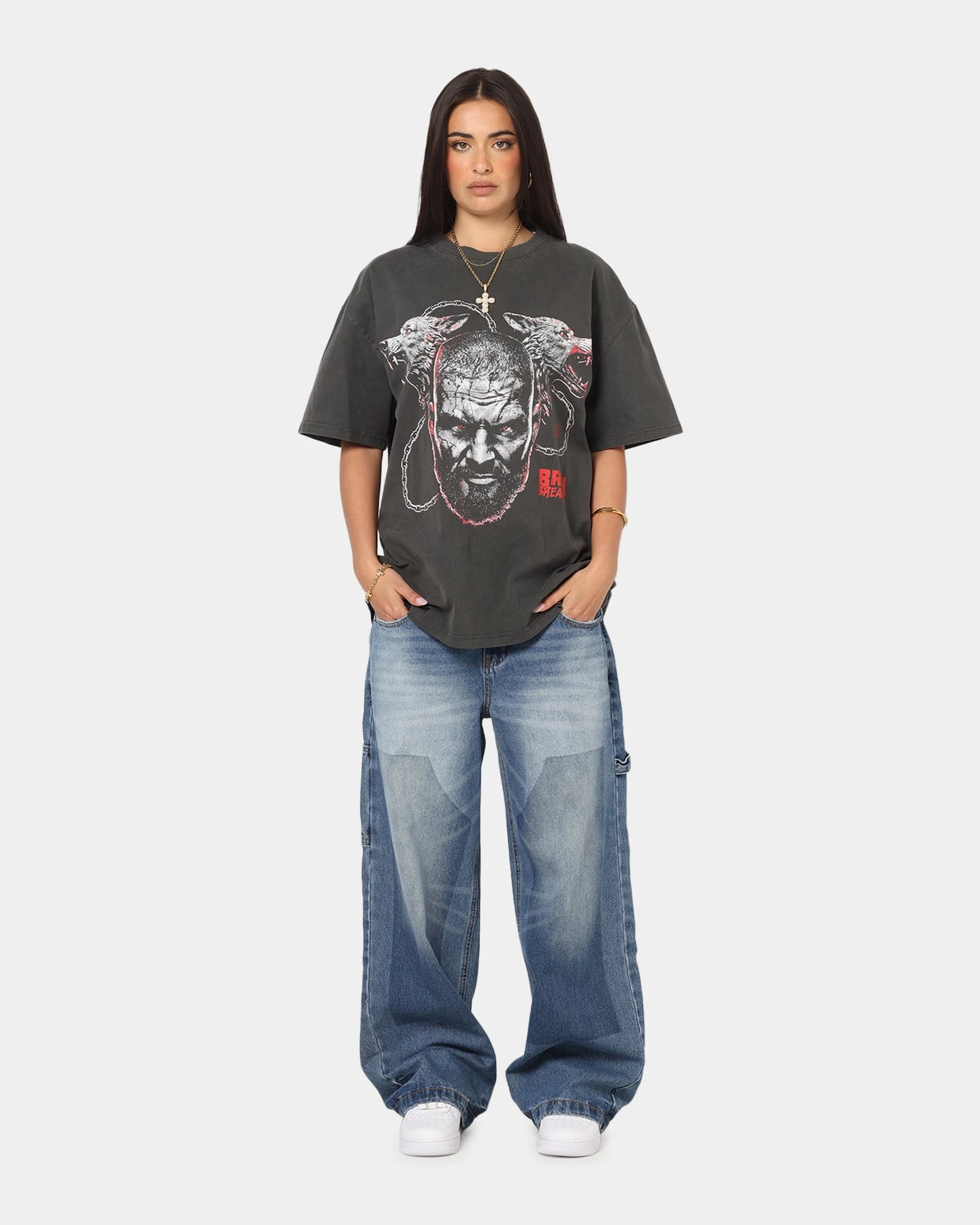 Durable Reinforced Elbow Patches Culture Kings X WWE Bron Breaker Heavy T-Shirt Black Wash