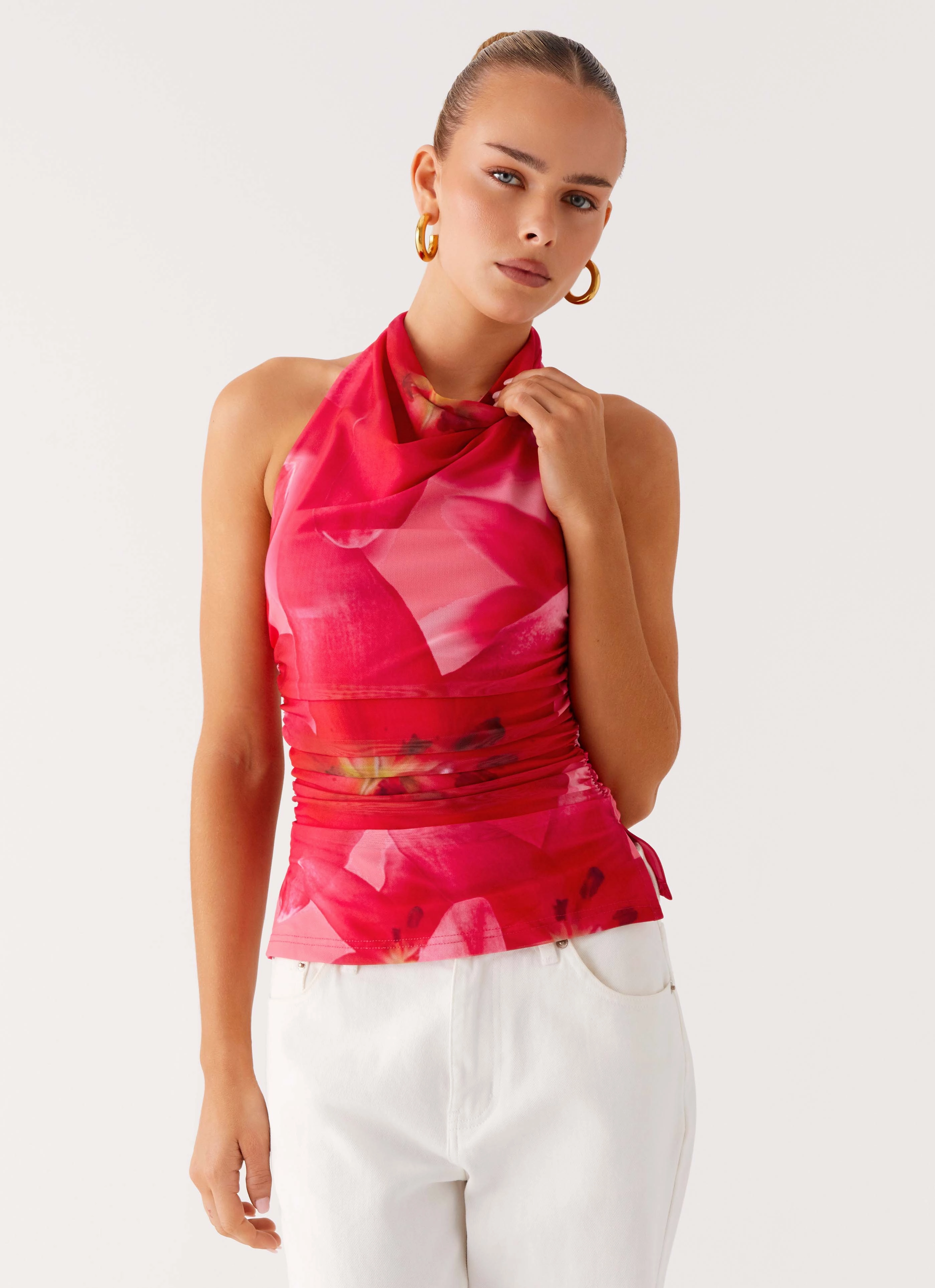 Delany Halter Top - Peach Watermelon Flower Drop Shoulder