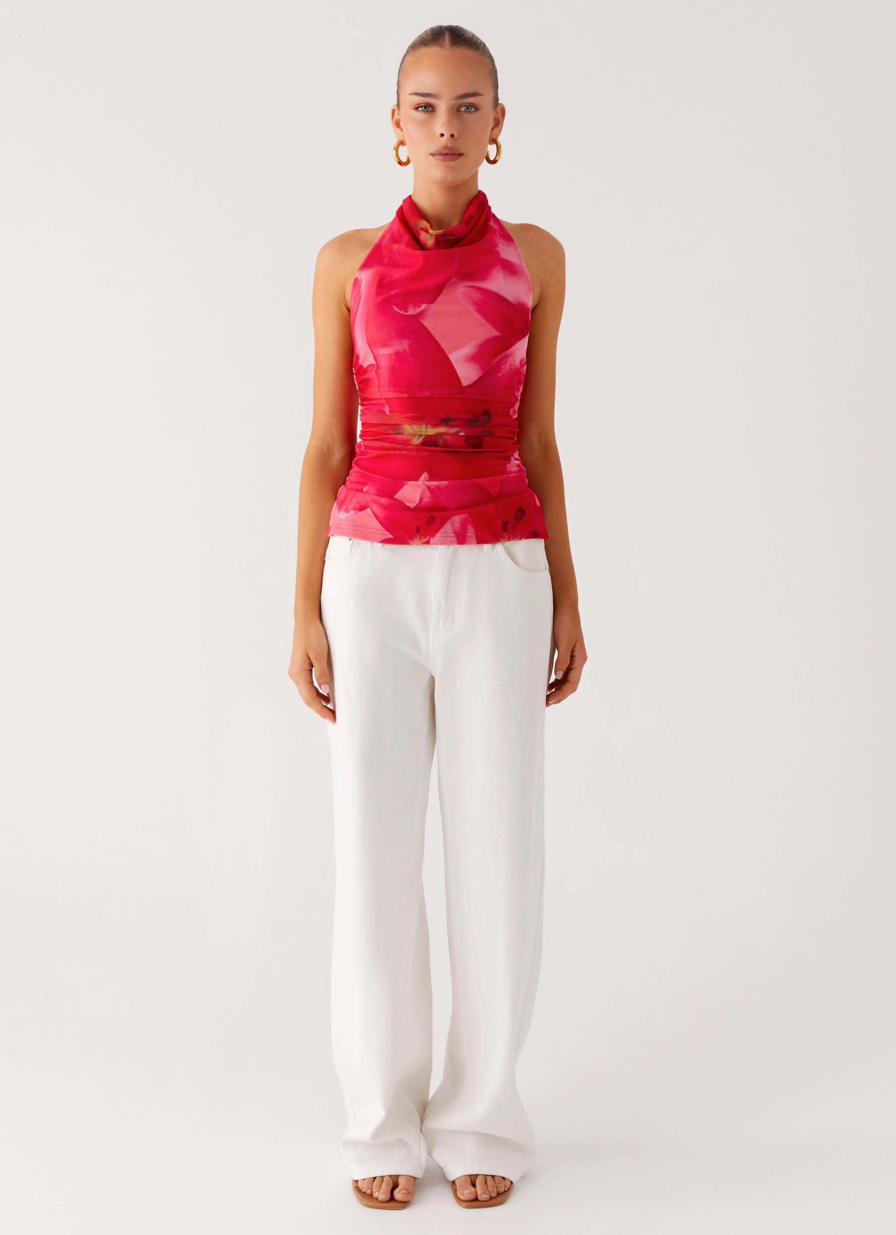 FlatlockStitching Quick-Dry Fabric Delany Halter Top - Peach Watermelon Flower