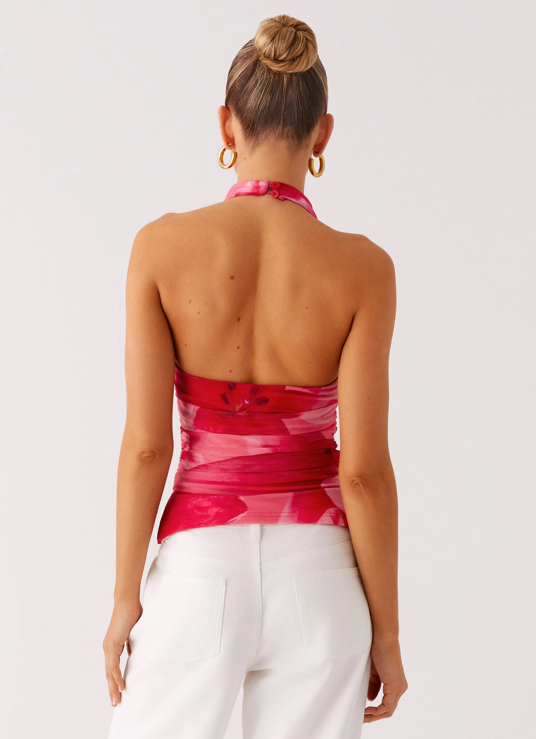 Delany Halter Top - Peach Watermelon Flower BondedSeams