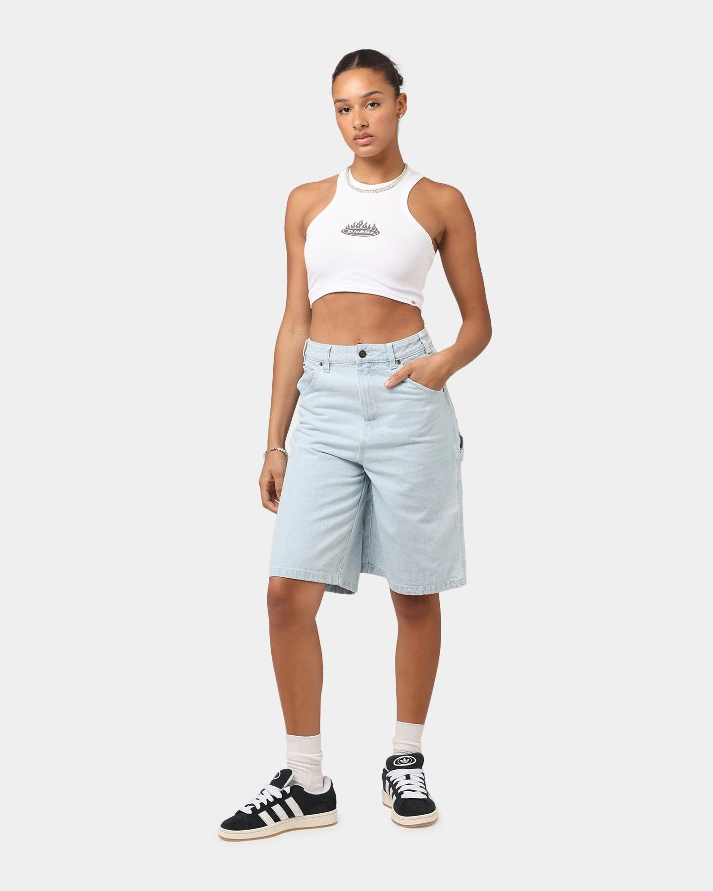 Dickies Women's Fire Boy Crop Tank White EcoFriendly Dye Hypoallergenic Fiber