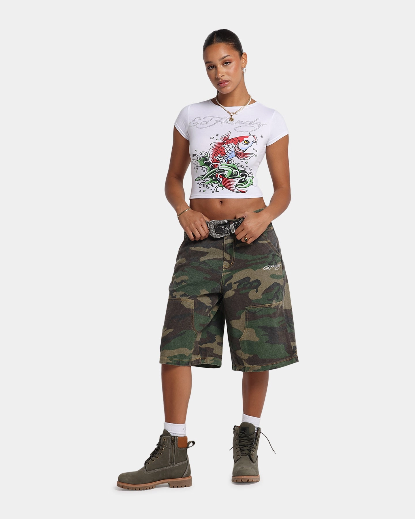 Ed Hardy Women's Koi Baby T-Shirt White Wear Resistant Edge RibbedCuff