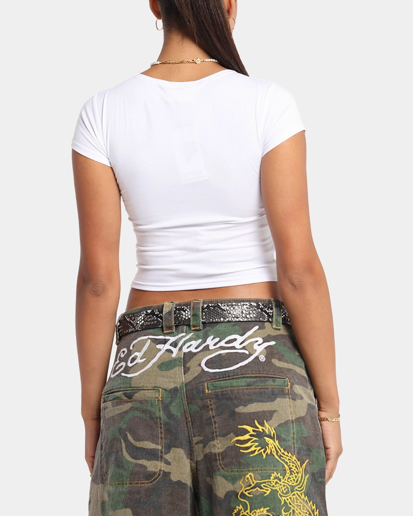 High Collar Design Ed Hardy Women's Koi Baby T-Shirt White