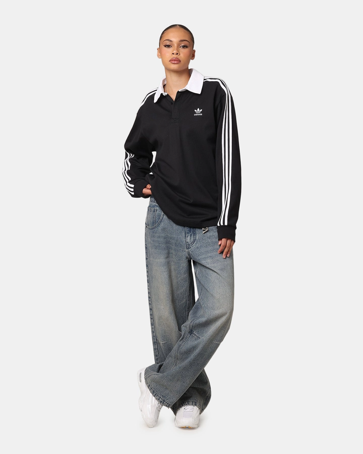 Stretch Waistband Design Flexible Hemline Adidas Rugby Polo Shirt Black