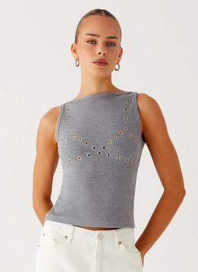 Drop Top Ribbed Eyelet Tank Top - Marle Grey SublimatedPrint Ventilated Panel Design