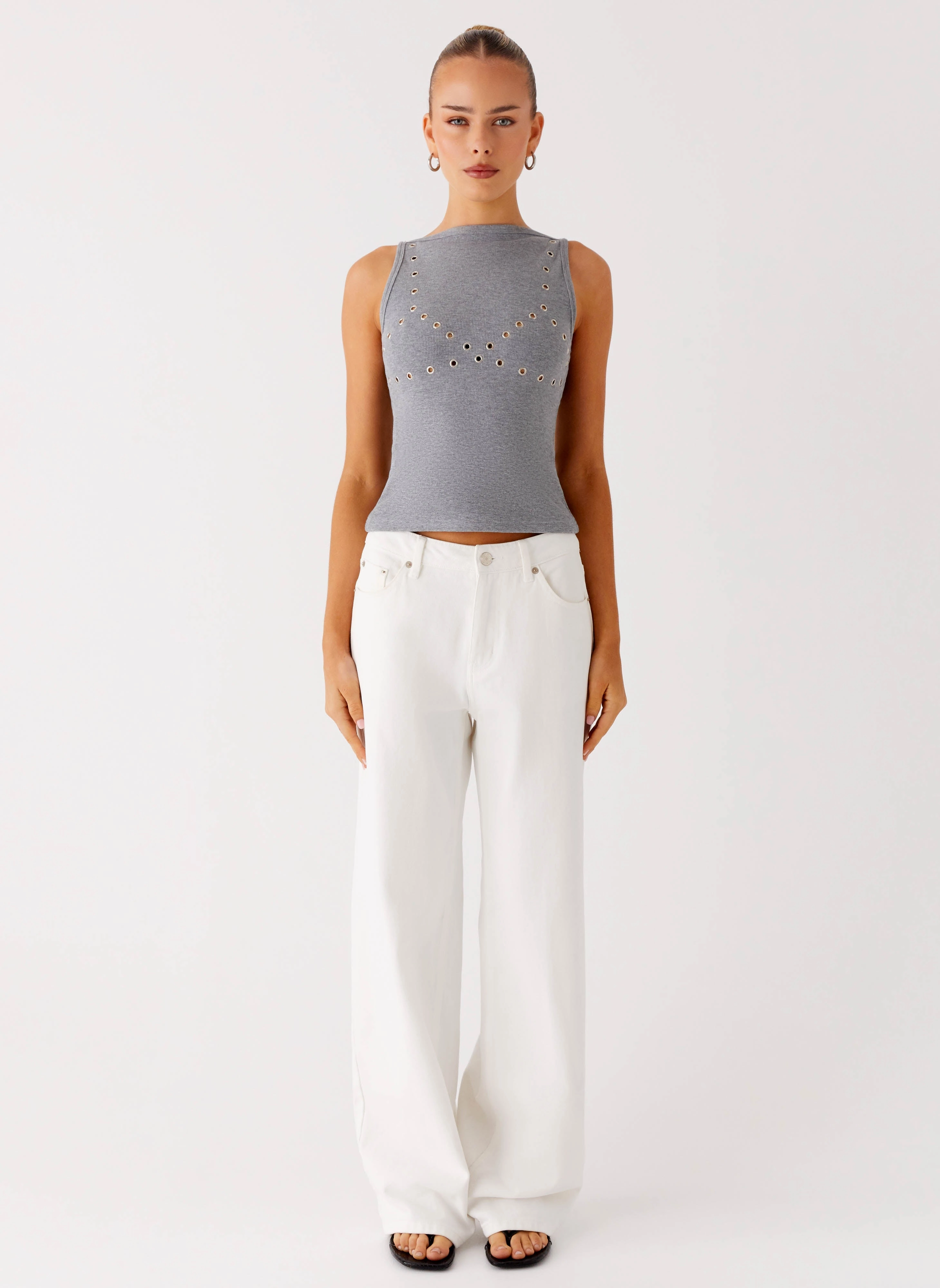 FasteningHood Drop Top Ribbed Eyelet Tank Top - Marle Grey