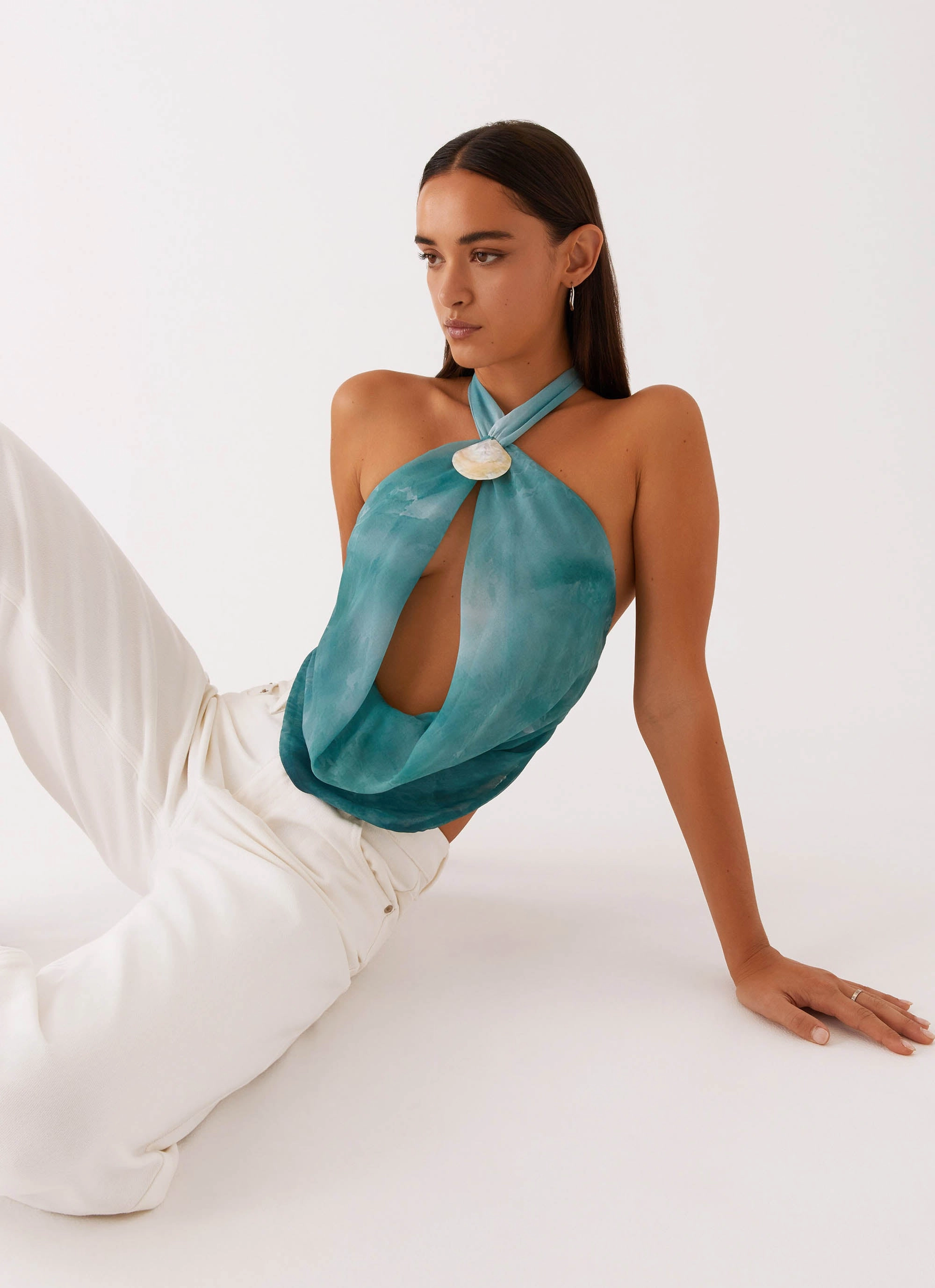 Reinforced Shoulder Zola Cowl Neck Shell Top - Green Tie Dye