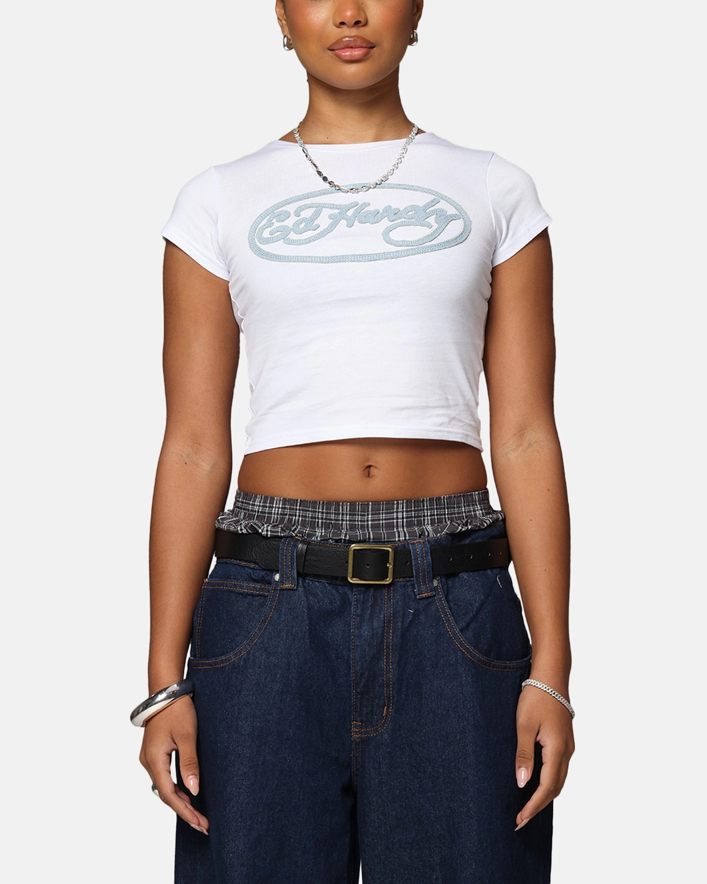 Ed Hardy Women's Distressed Logo Baby T-Shirt White Non Chafing Side Seams MultiLayer Stitching