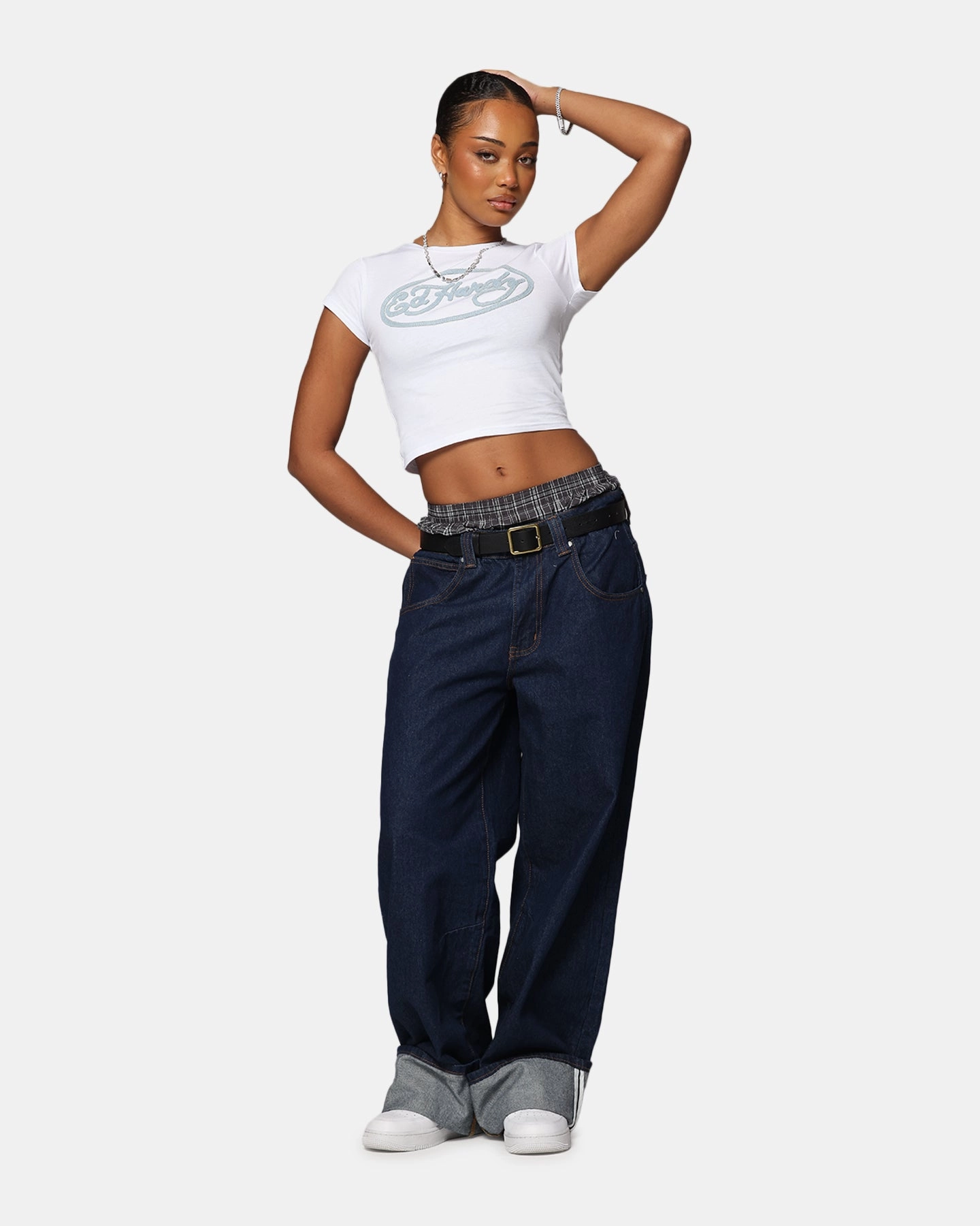 Ribbed Hemline Ed Hardy Women's Distressed Logo Baby T-Shirt White