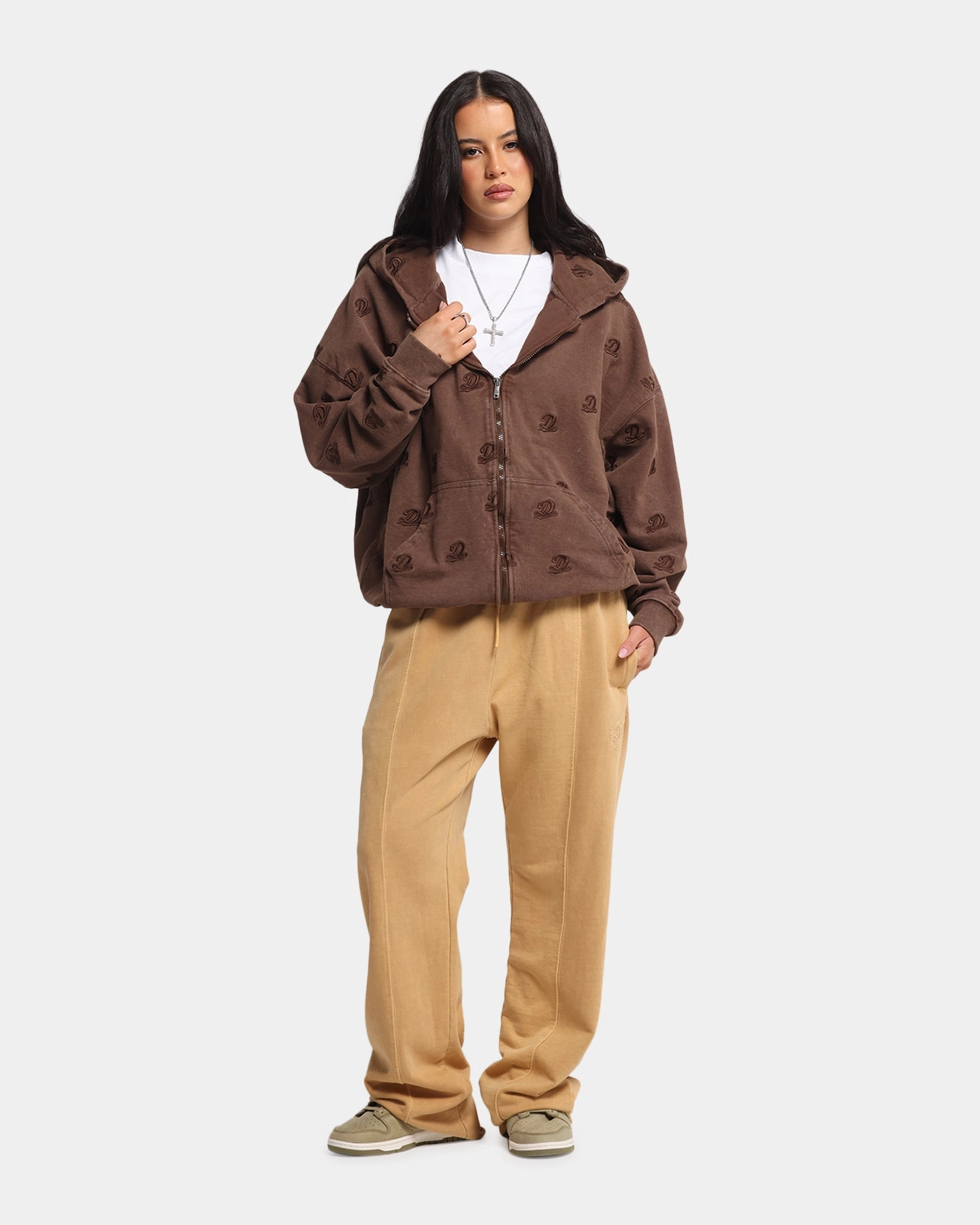 Dreamville Logo All Over Zip Hoodie Brown DoubleLayered