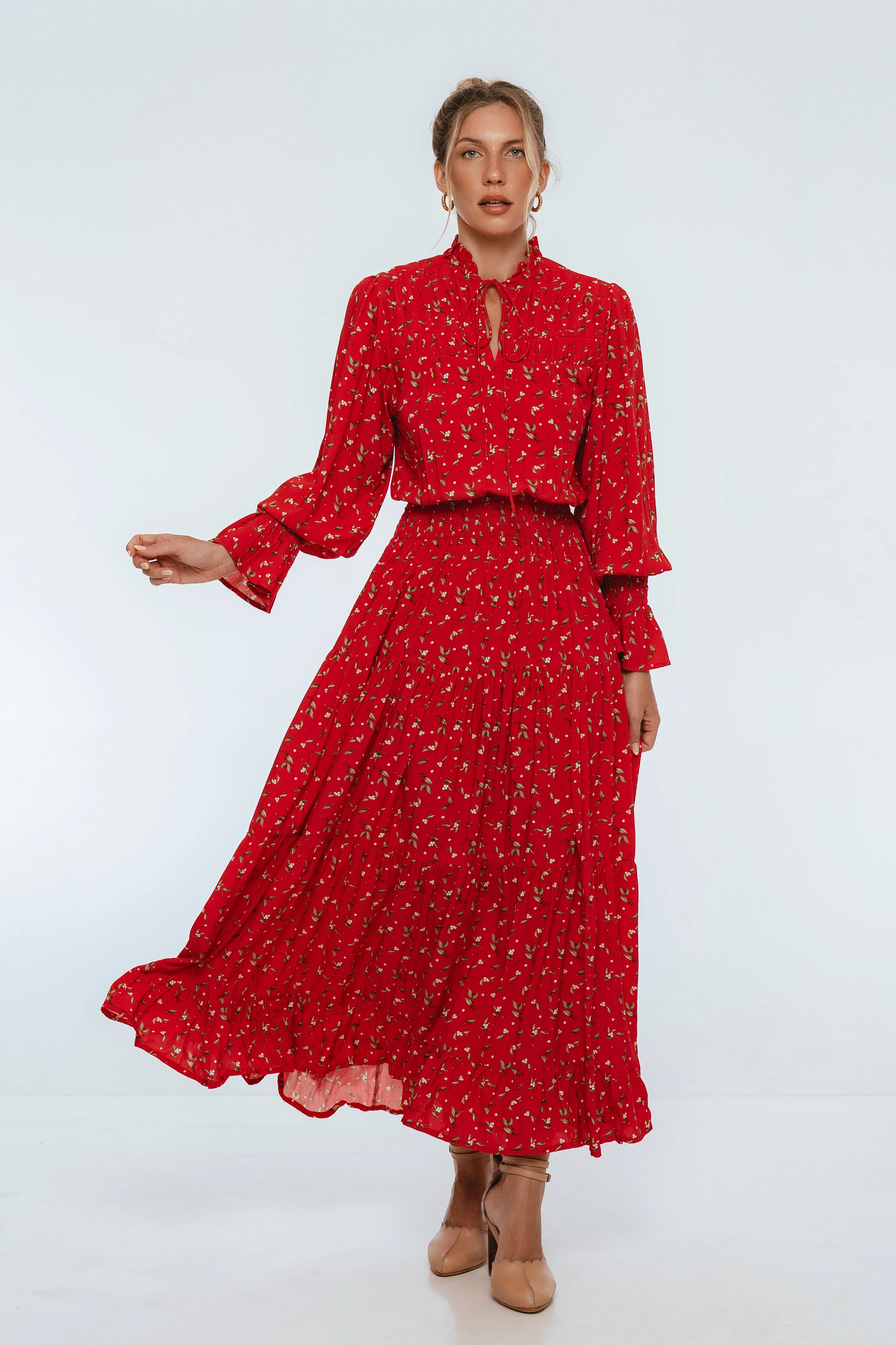 White Lotus Ruffled Maxi Dress Moment Glow Metallic Finish