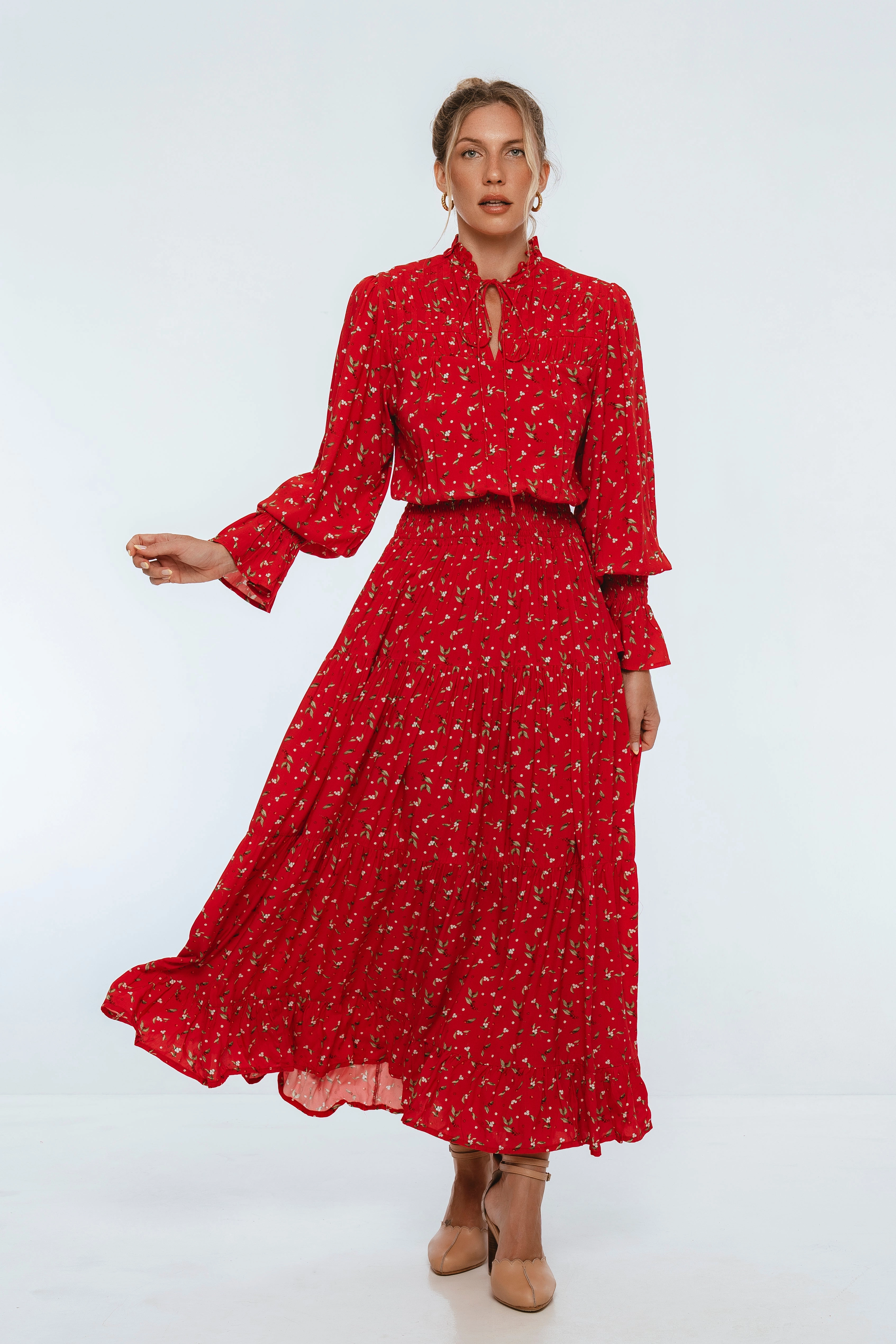 Satin-Sleeve White Lotus Ruffled Maxi Dress