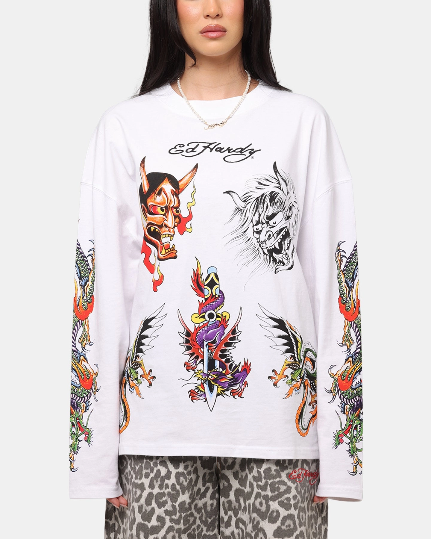 AthleticInspired ContrastPlacket Ed Hardy Ed's Tattooing Long Sleeve T-Shirt Off White