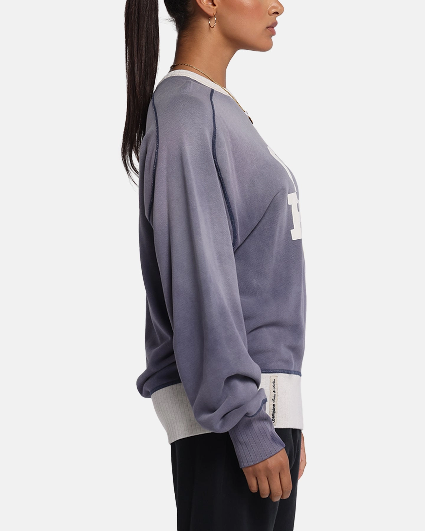 Contrast Stitching Double Chest Pocket Champion 50's Saddle Crew Sweatshirt Athletic Navy