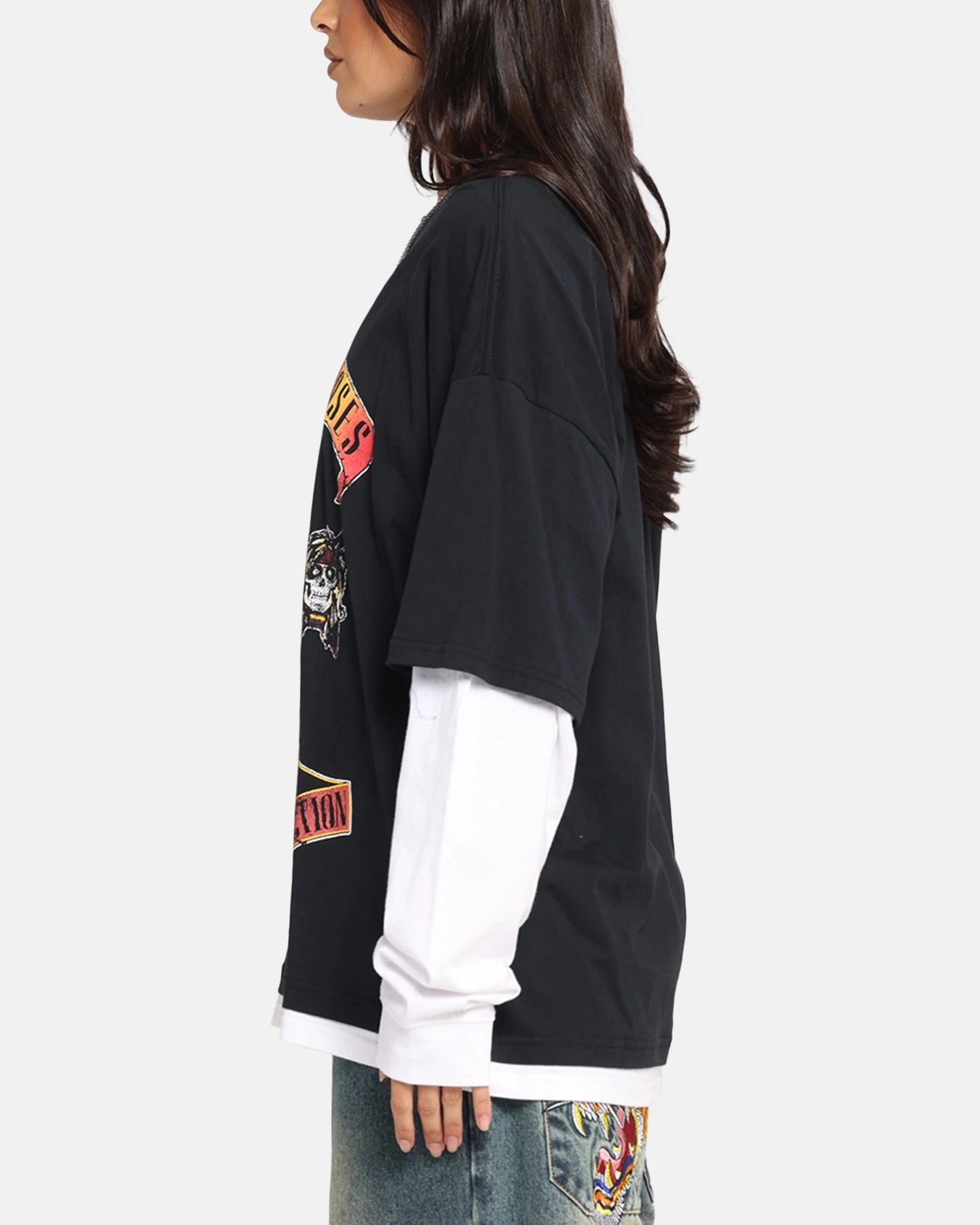 Anti Odor Finish YarnDyeStripe G N Roses Roses Layered Long Sleeve T-Shirt Black Wash