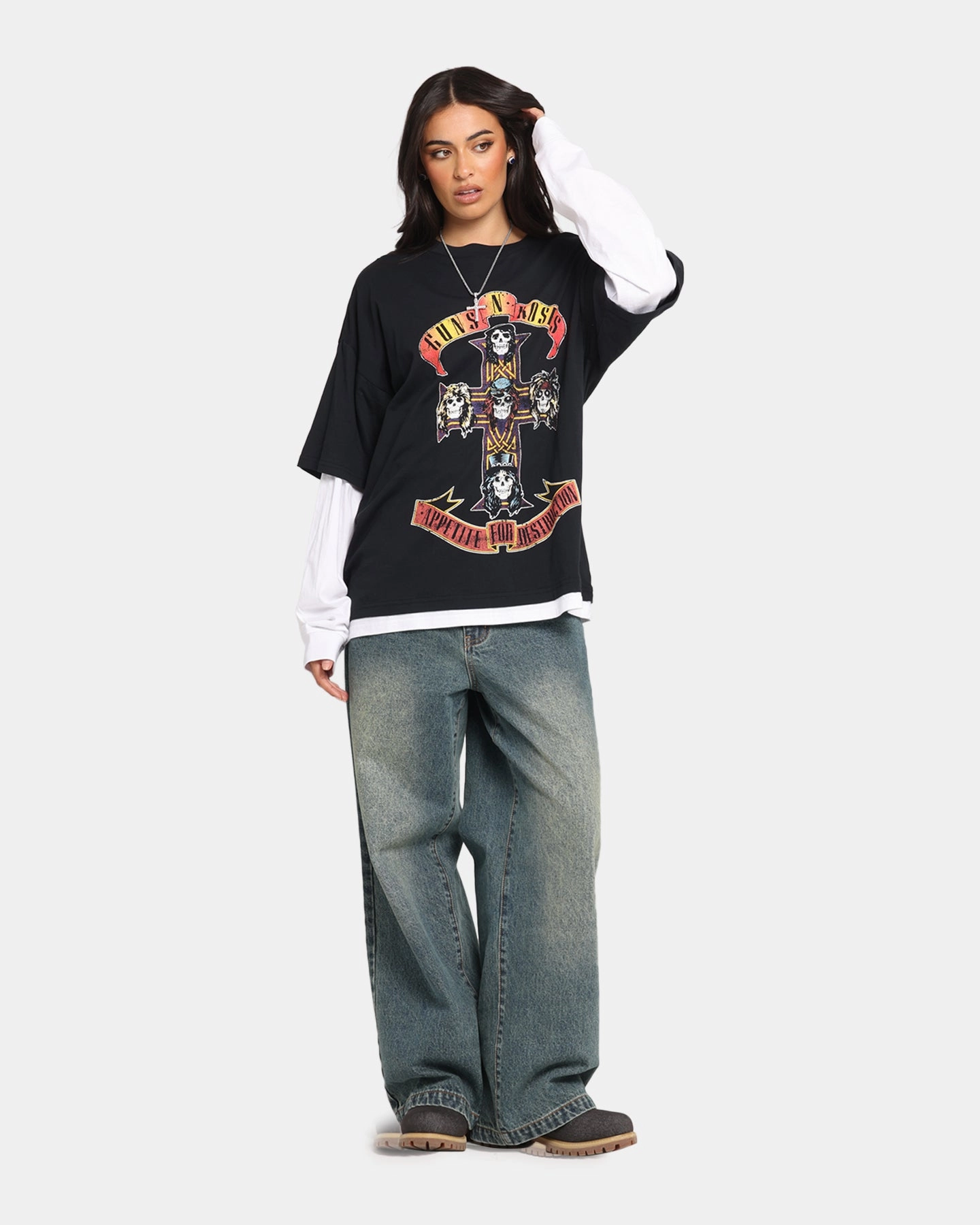 G N Roses Roses Layered Long Sleeve T-Shirt Black Wash Drop Shoulder Design