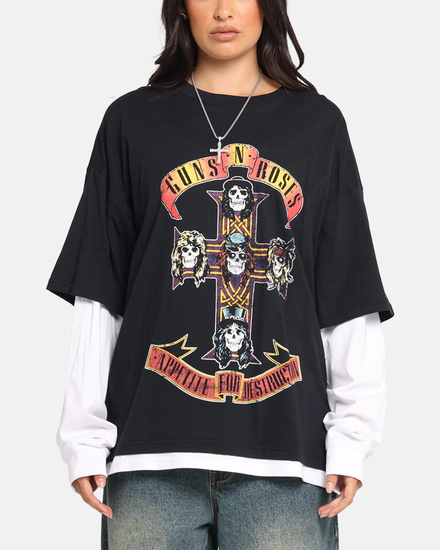 G N Roses Roses Layered Long Sleeve T-Shirt Black Wash Adjustable Hemline Full Coverage Fit