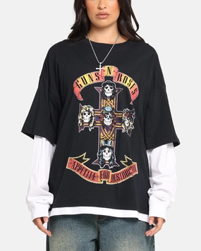 G N Roses Roses Layered Long Sleeve T-Shirt Black Wash Adjustable Hemline Full Coverage Fit