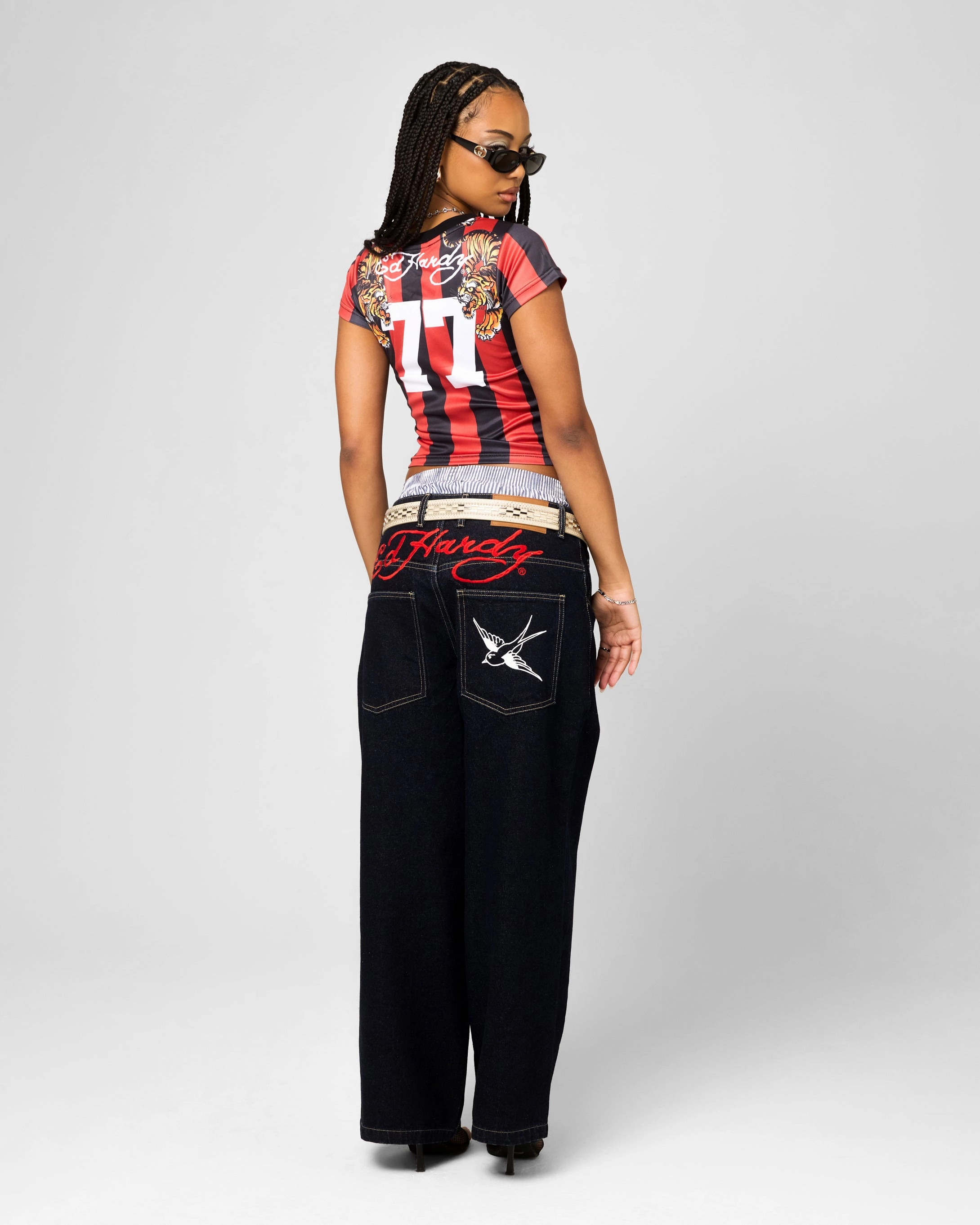 Comfy Style Bound Seam Finish Ed Hardy Women's Football Baby T-Shirt Black/Red
