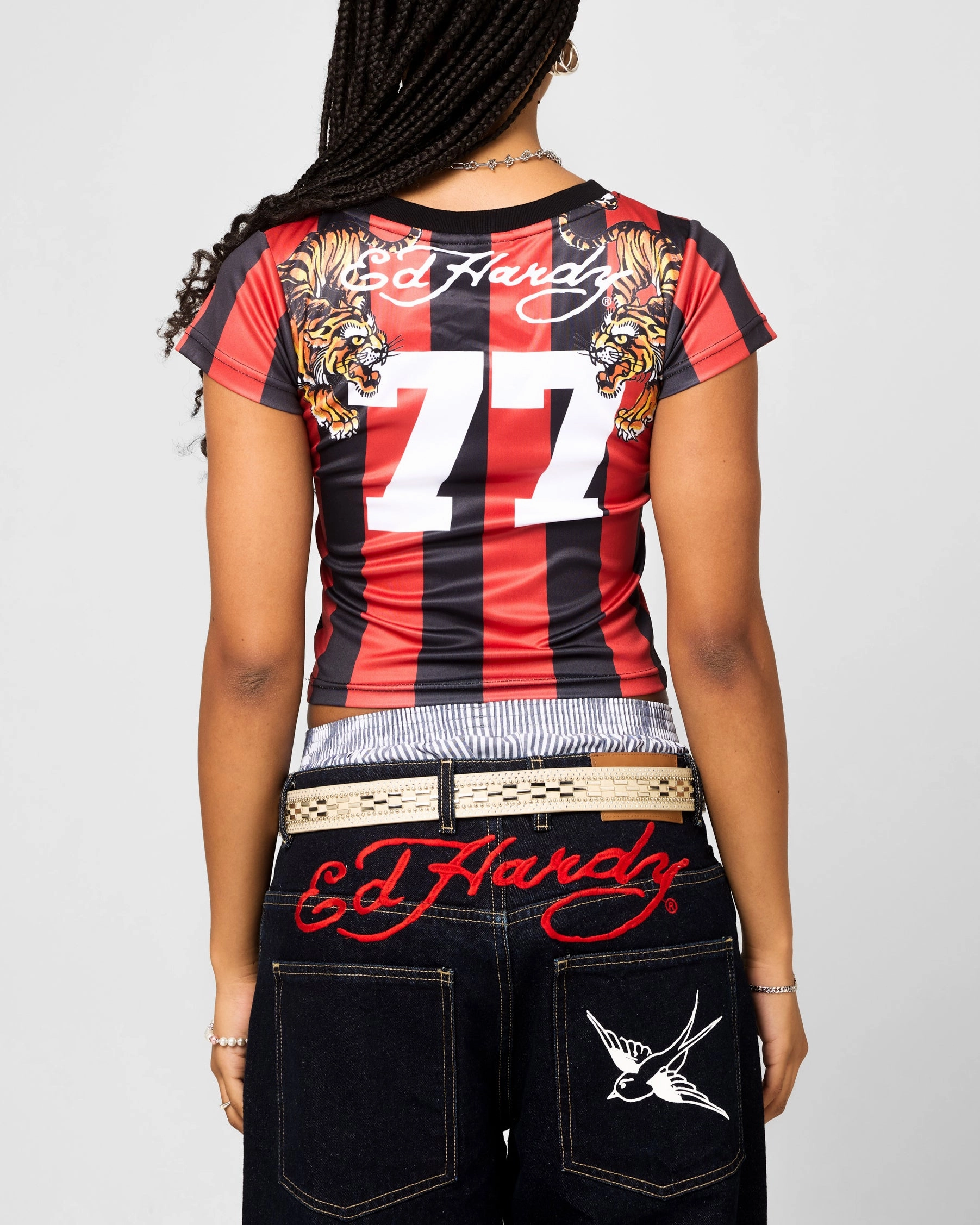 Ed Hardy Women's Football Baby T-Shirt Black/Red Lightweight Knit