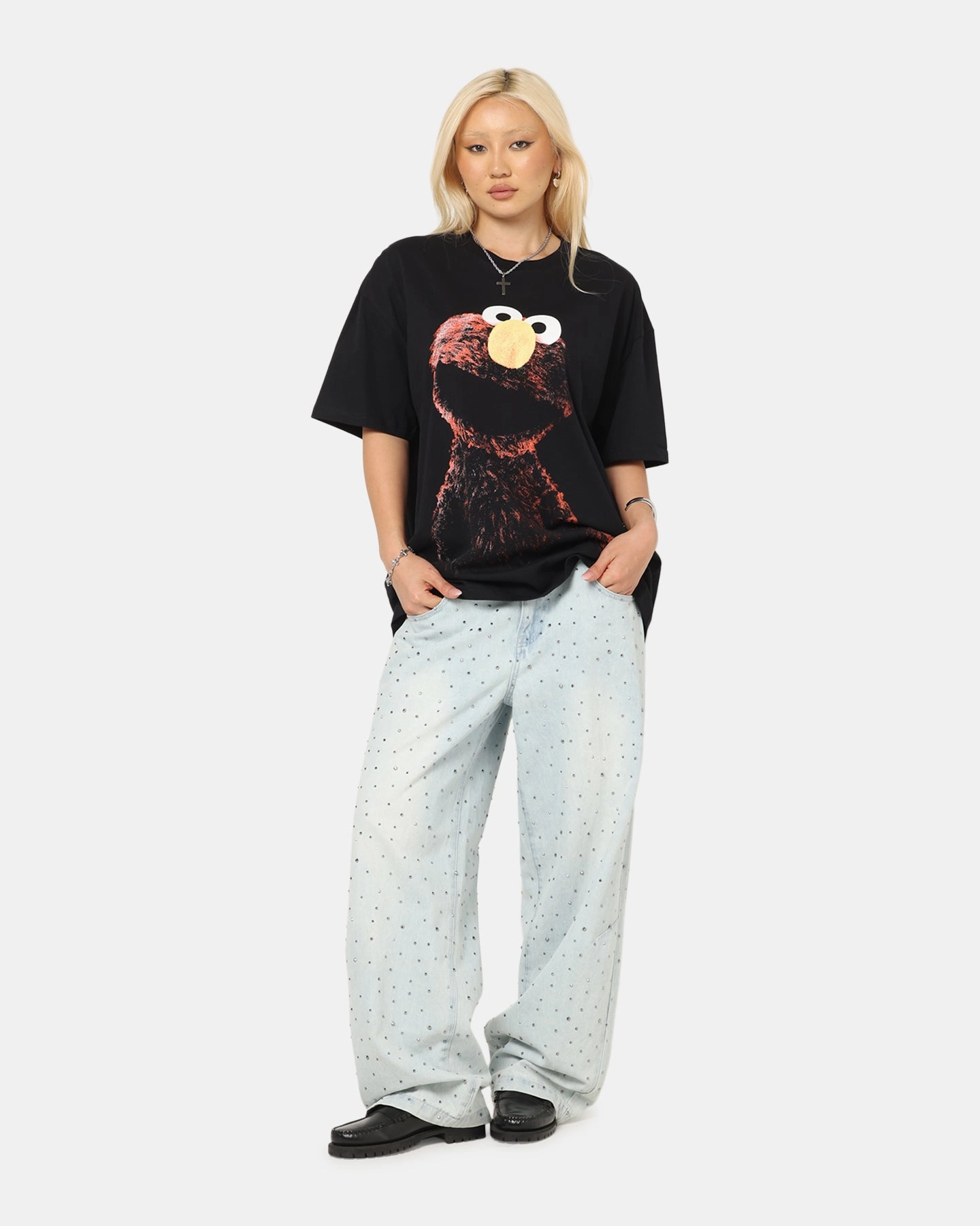 American Thrift X Sesame Street Elmo Grail Heavy T-Shirt Black Relaxed Silhouette Durable Reinforced Shoulders
