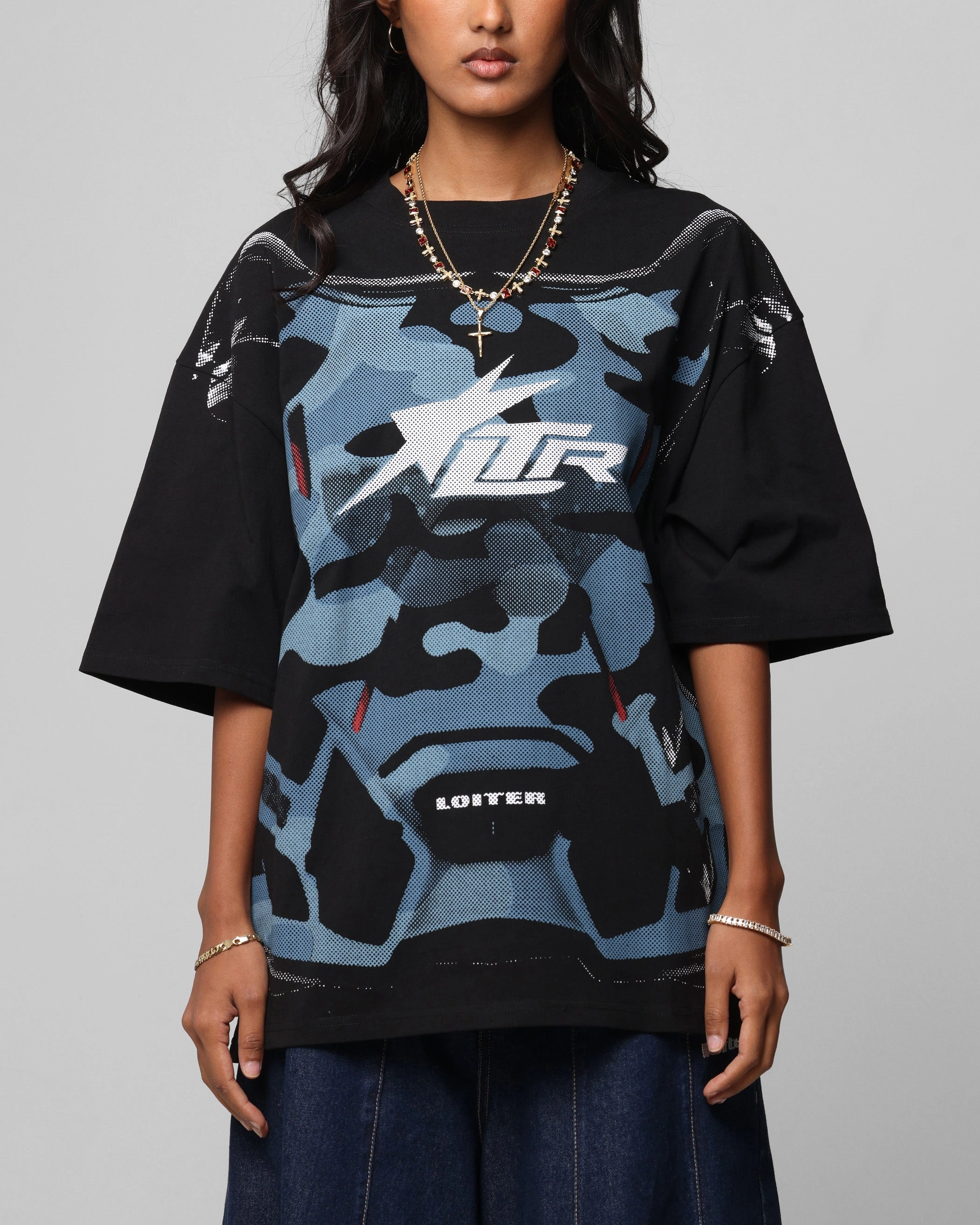 LatticeKnit RaglanSleeve Loiter Motocross Vintage T-Shirt Black/Navy Blue